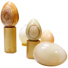Organic Modern Hand Carved Stone Egg Sculptural Set with Heavy Guilt Brass Bases