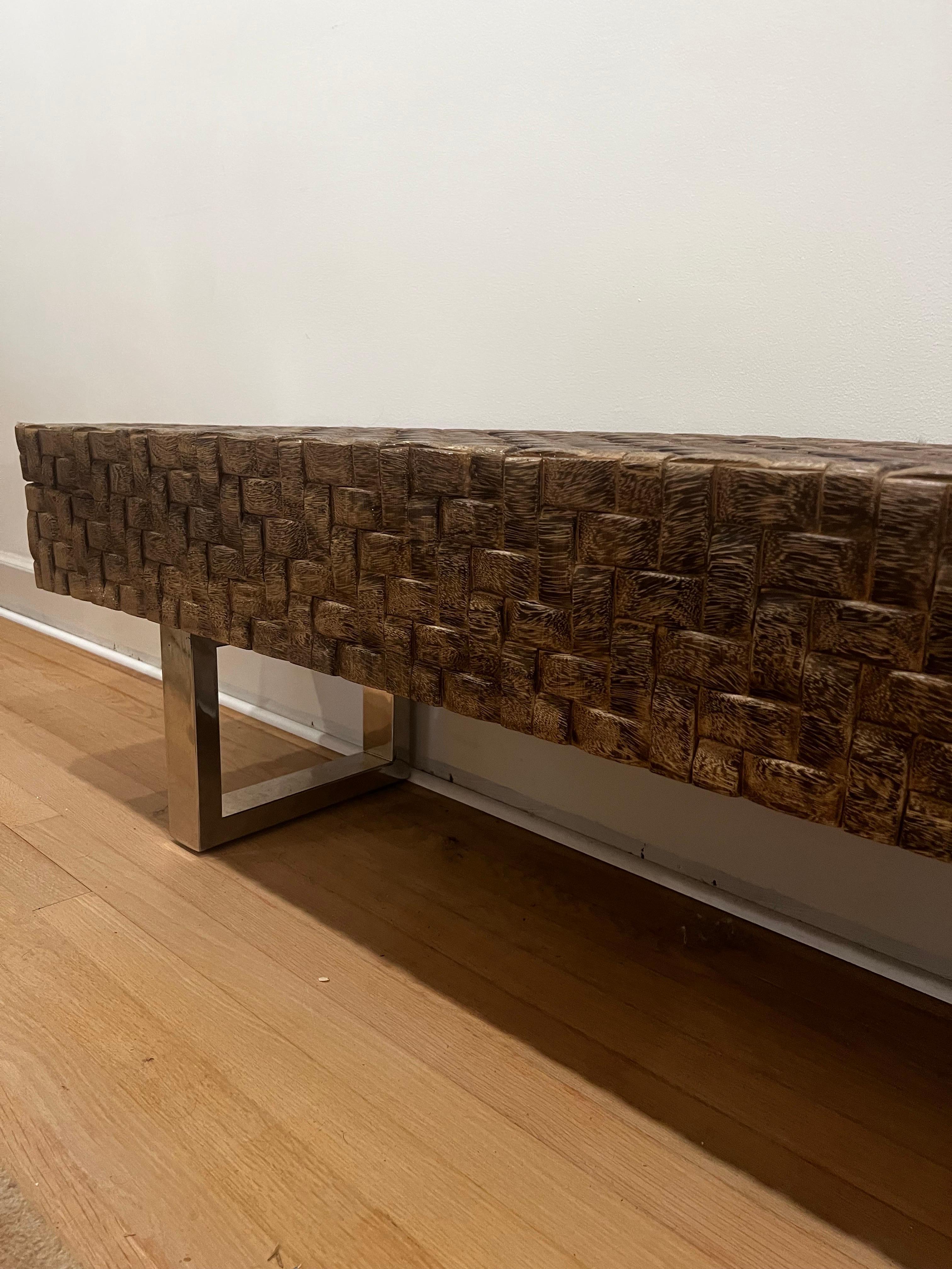 Hand-Carved Organic Modern Hand Carved Woven Wood w/Stainless Steel Base Bench For Sale