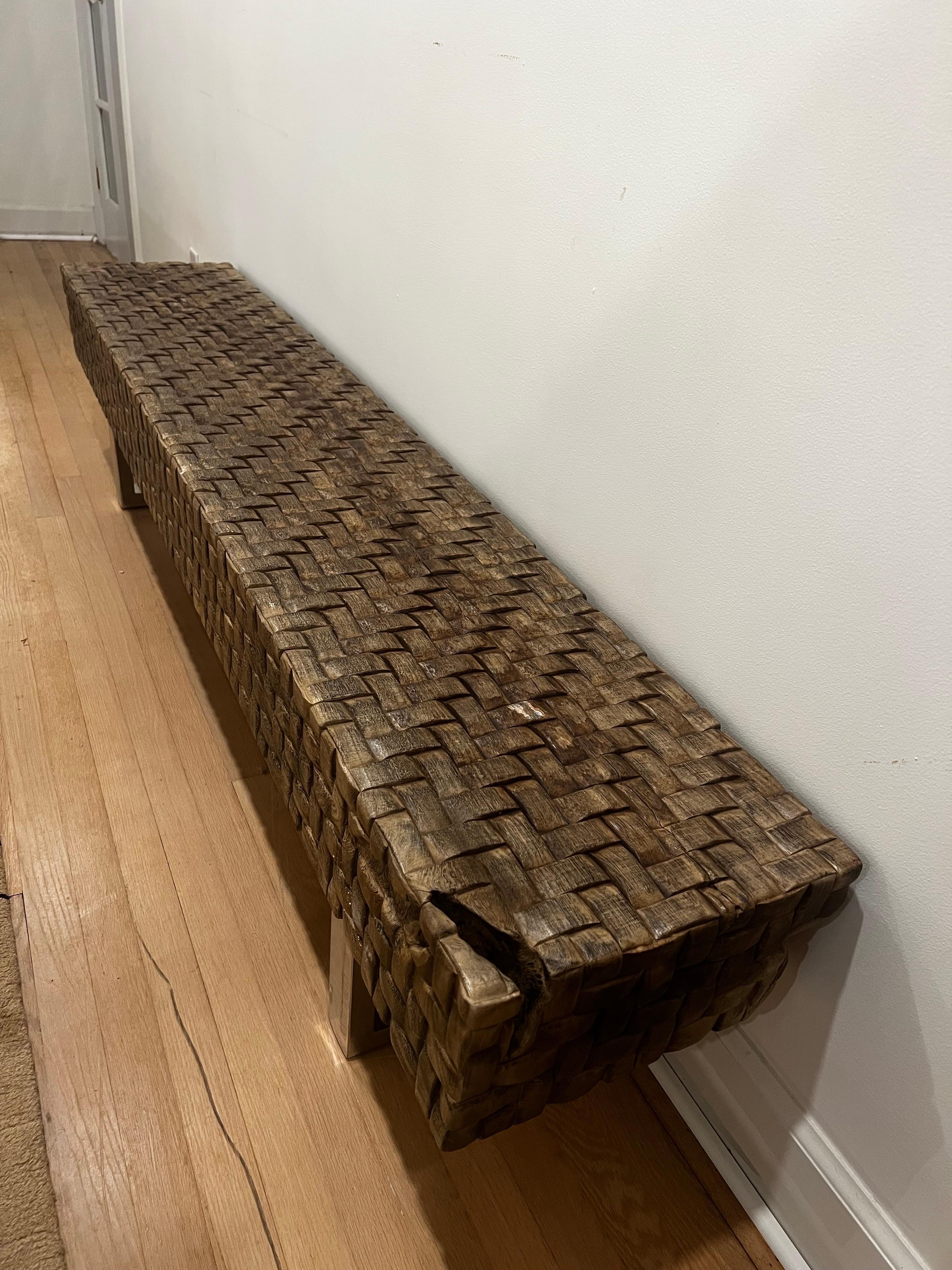 Organic Modern Hand Carved Woven Wood w/Stainless Steel Base Bench In Good Condition For Sale In Los Angeles, CA