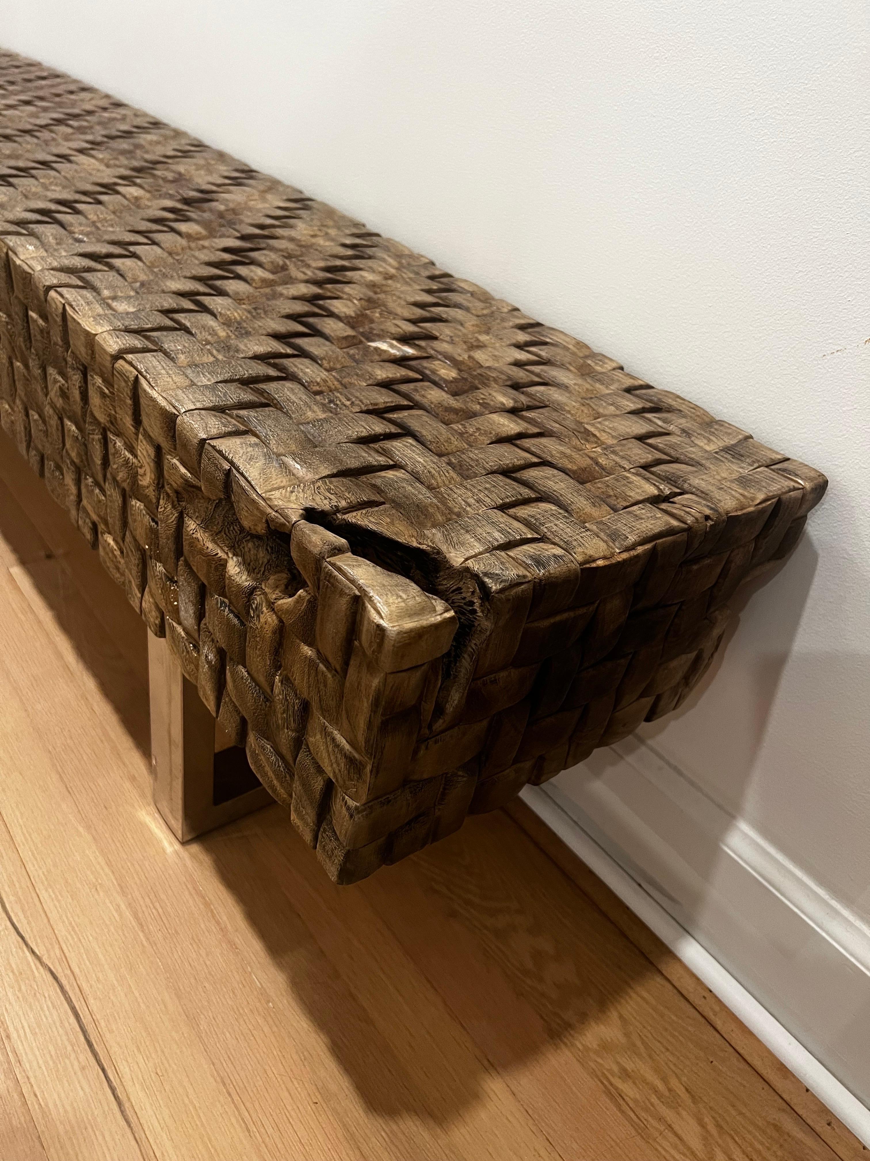 Contemporary Organic Modern Hand Carved Woven Wood w/Stainless Steel Base Bench For Sale