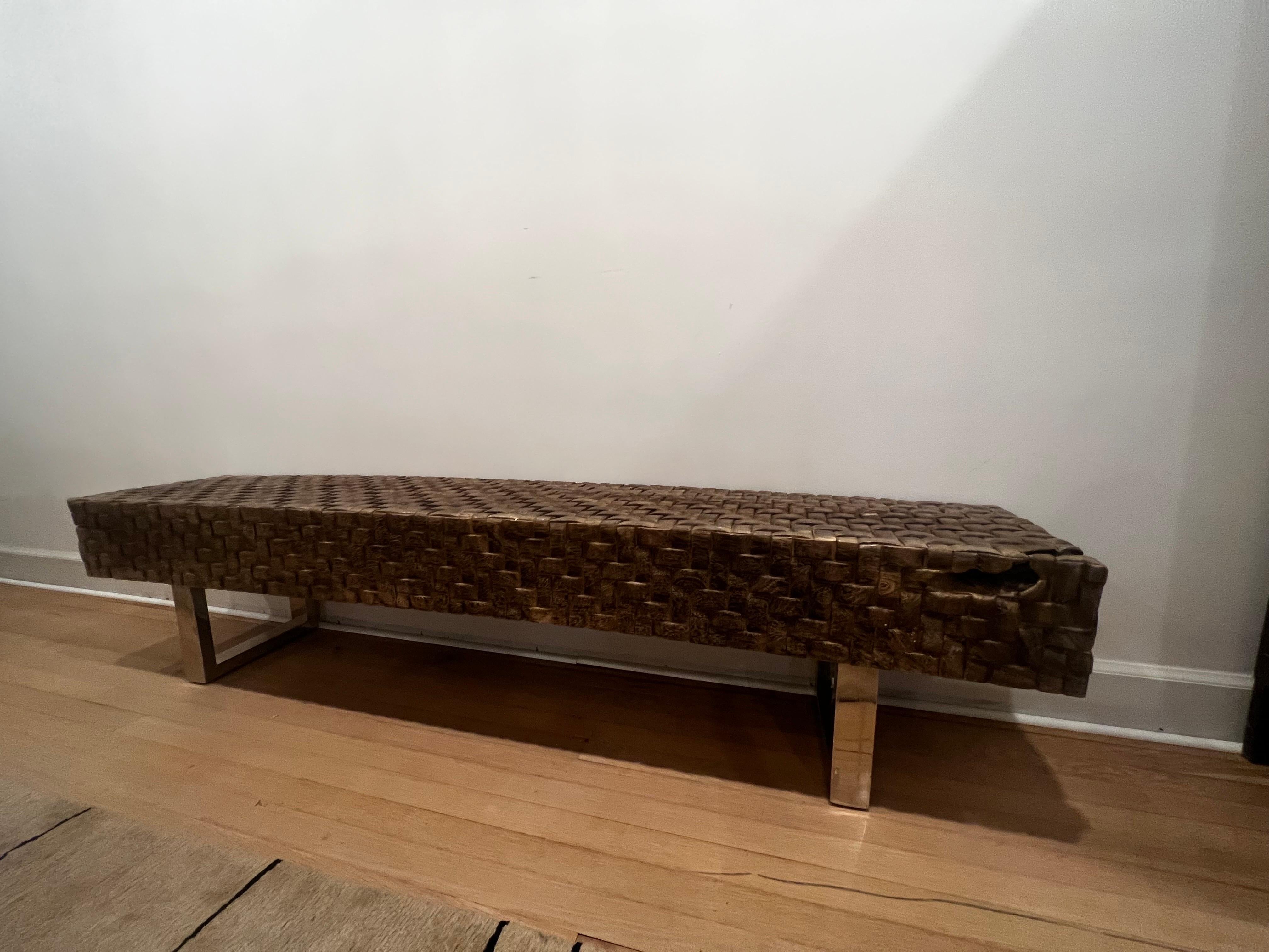 Organic Modern Hand Carved Woven Wood w/Stainless Steel Base Bench For Sale 3