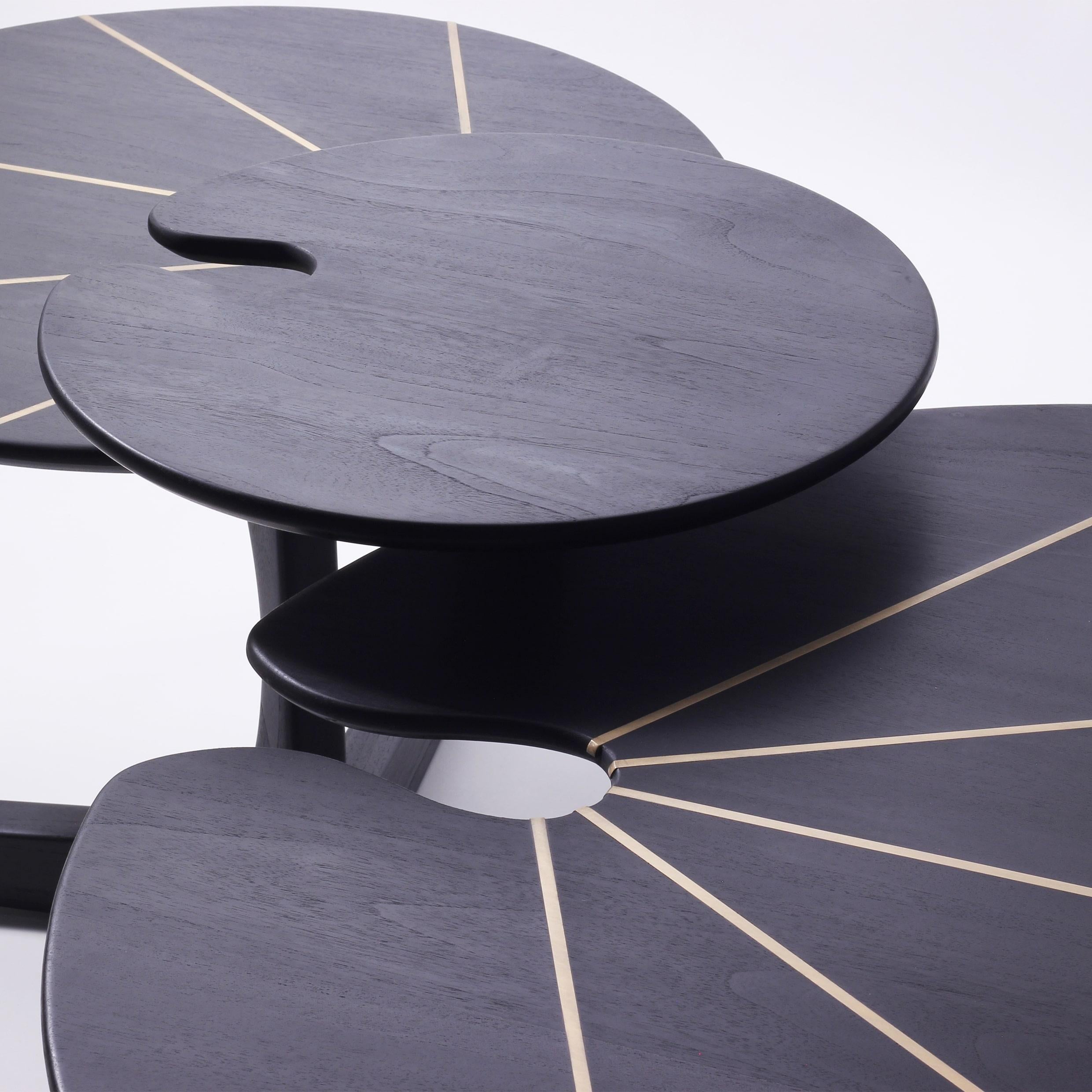Organic Modern Black Solid Oak Wood Coffee Table with Brass by Esvee Atelier In New Condition For Sale In Hyderabad, TG