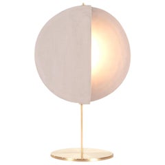 Handmade geometric sand ceramic and brass table lamp, minimalist styled. Brazil