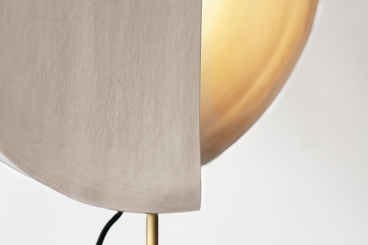 Organic Modern Handmade geometric sand ceramic and brass table lamp, minimalist styled. Brazil For Sale