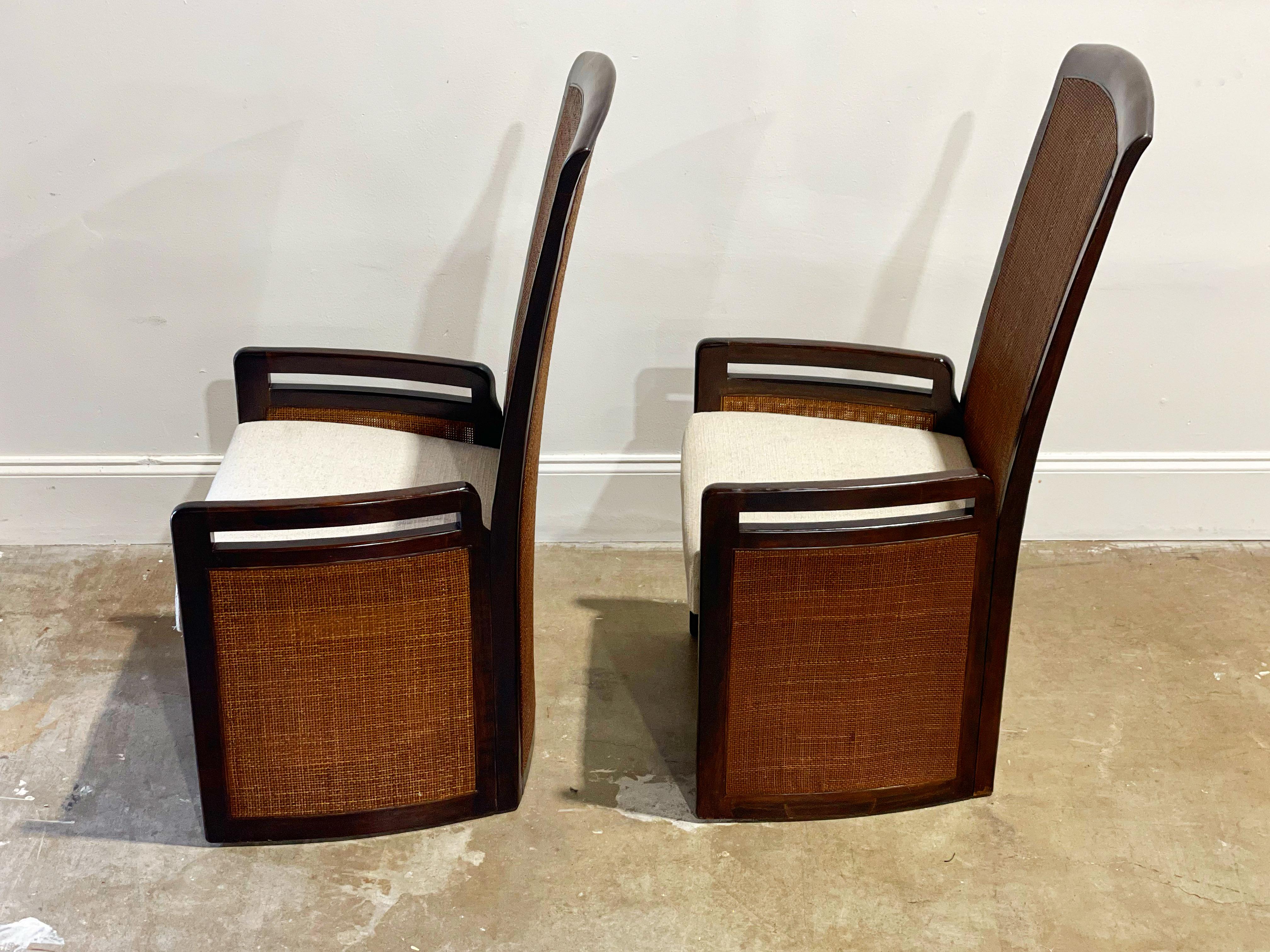 Wicker Organic Modern High Back Chairs in Mahogany and Cane - Vintage Coastal 