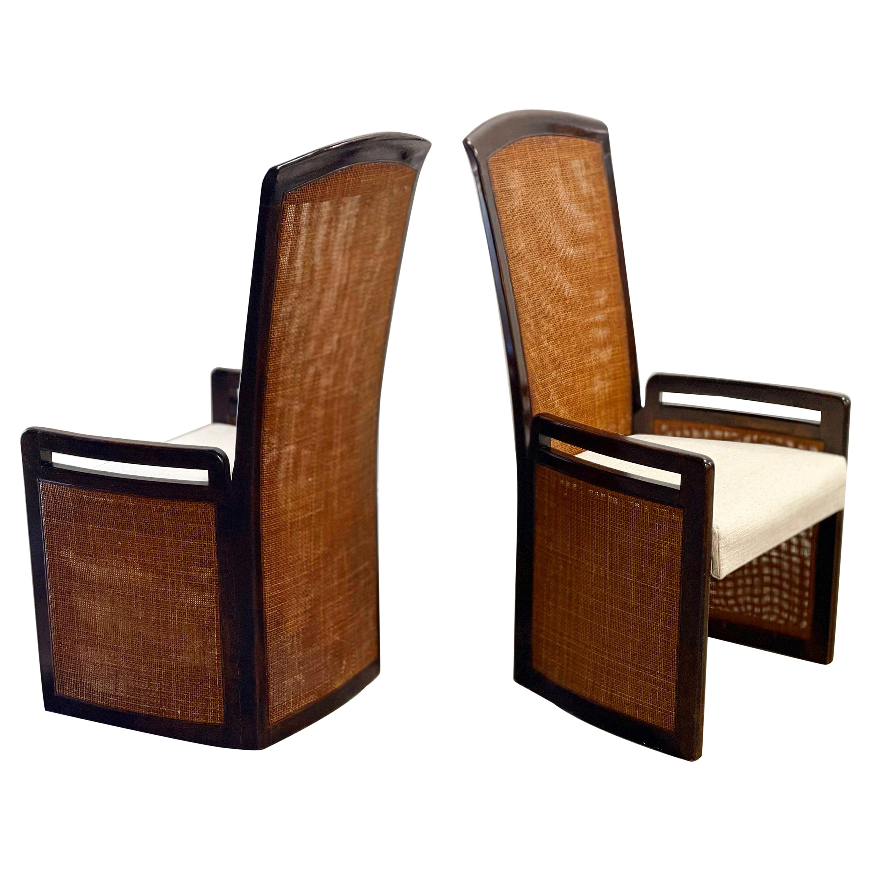 Organic Modern High Back Chairs in Mahogany and Cane - Vintage Coastal