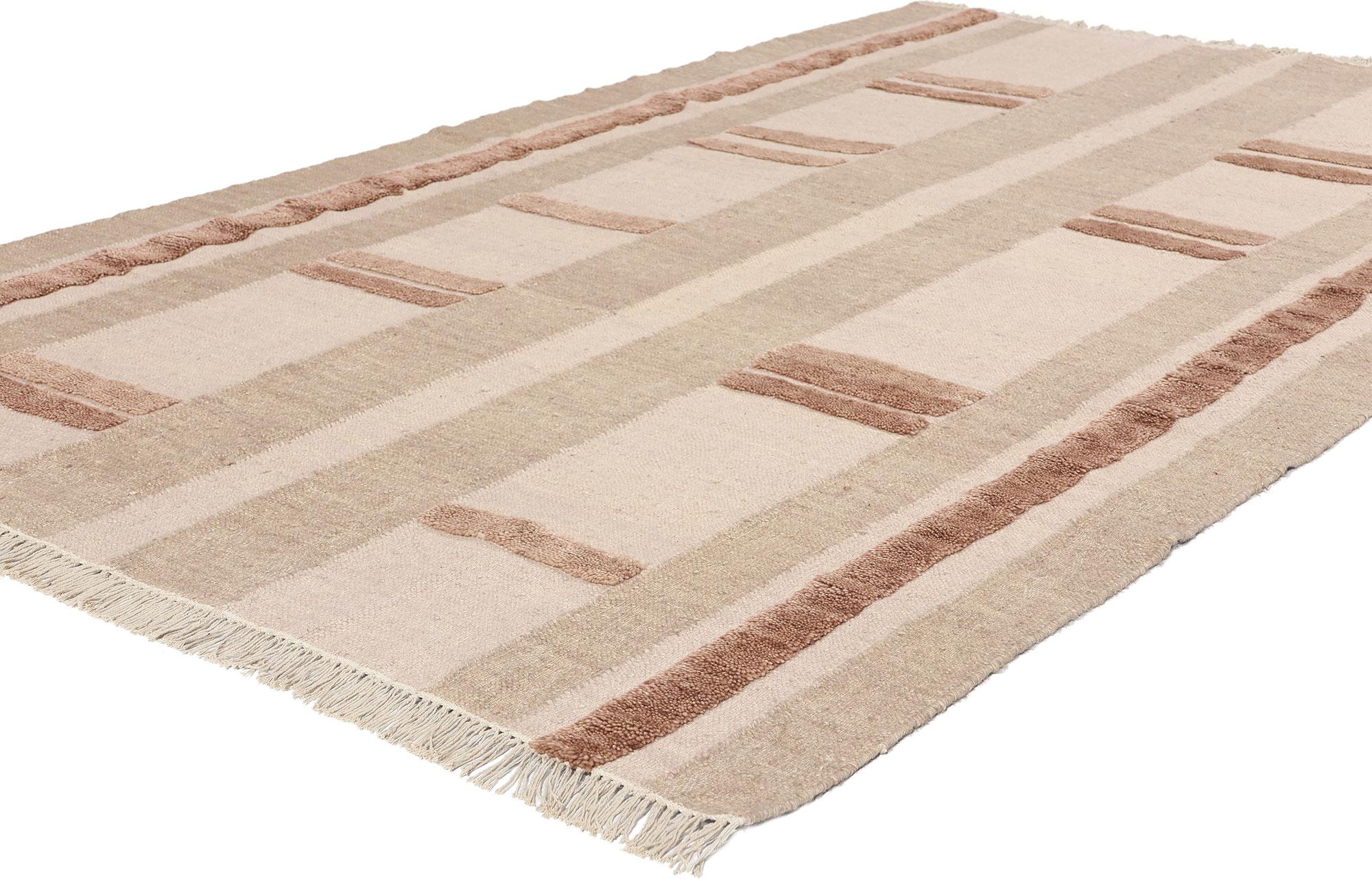 31004 Organic Modern High-Low Rug, 05'03 x 08'04. Contemporary Indian High-Low Kilim rugs are modern adaptations of traditional Kilim rugs, characterized by their flat-woven texture with varying pile heights, creating depth and visual interest.
