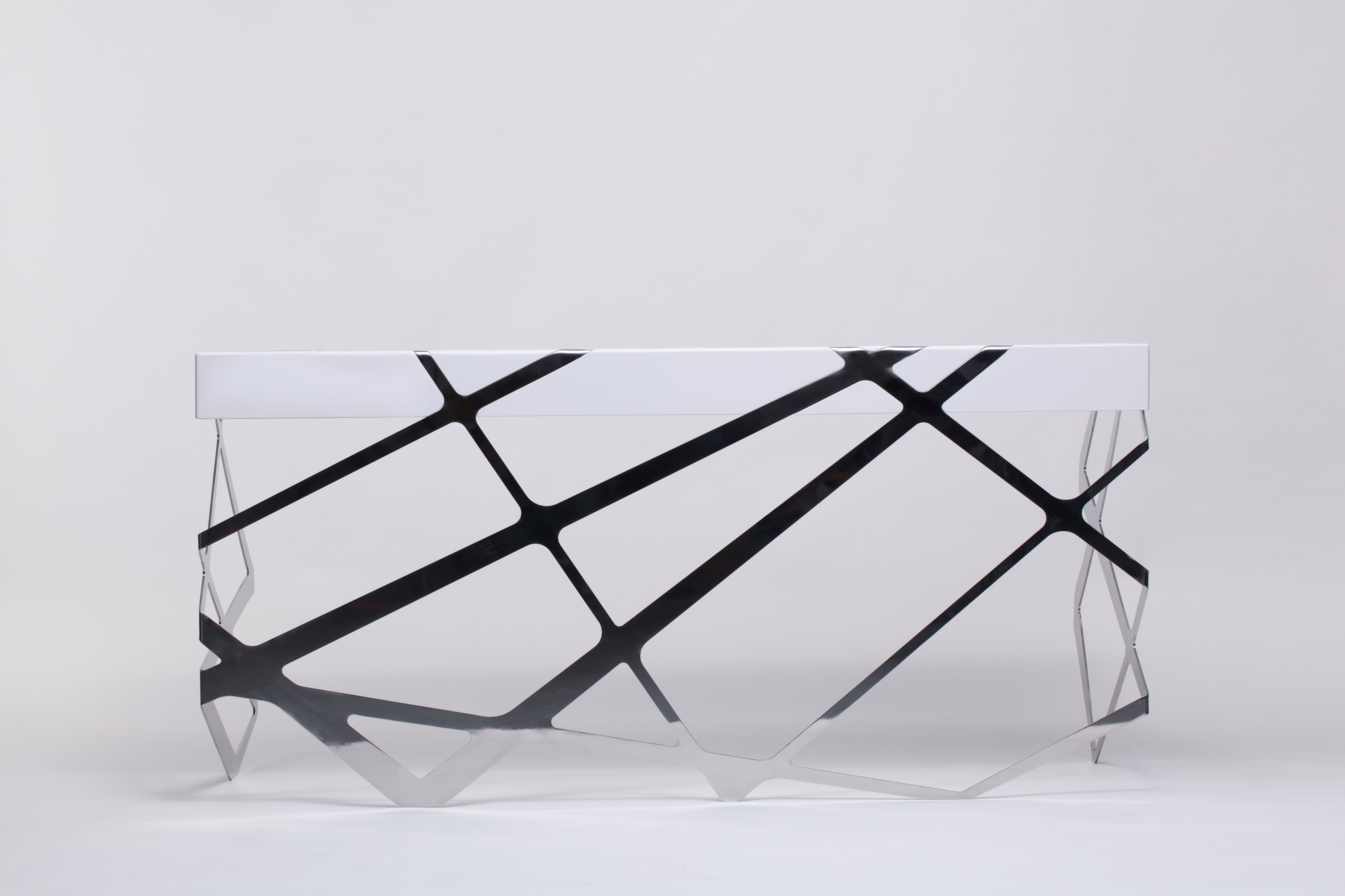 Organic Modern Home Office Writing Desk White Lacquer Brushed Stainless Steel