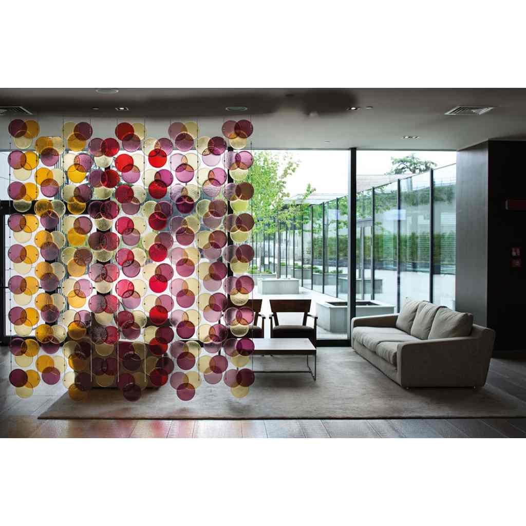 This customizable Murano glass curtain in black, amethyst, clear, gray and aqua tints worked with avventurina, a contemporary work of art as a very decorative solution for a screen or room divider, is composed of geometric elements that can also be