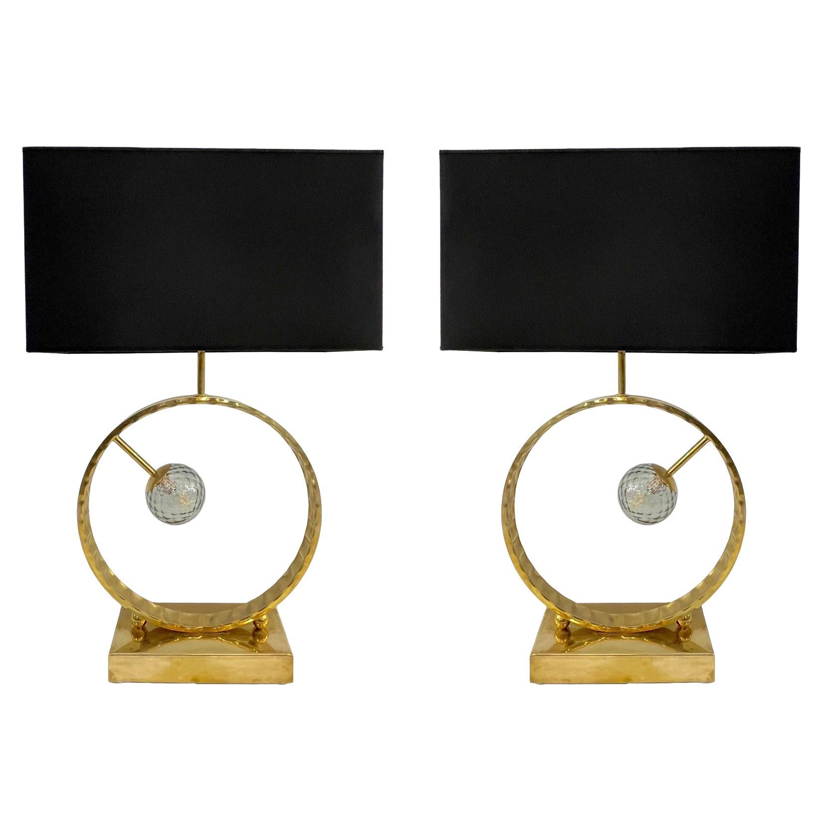 Organic Modern Italian Monumental Brass & Smoked Murano Glass Round Table Lamp For Sale 3