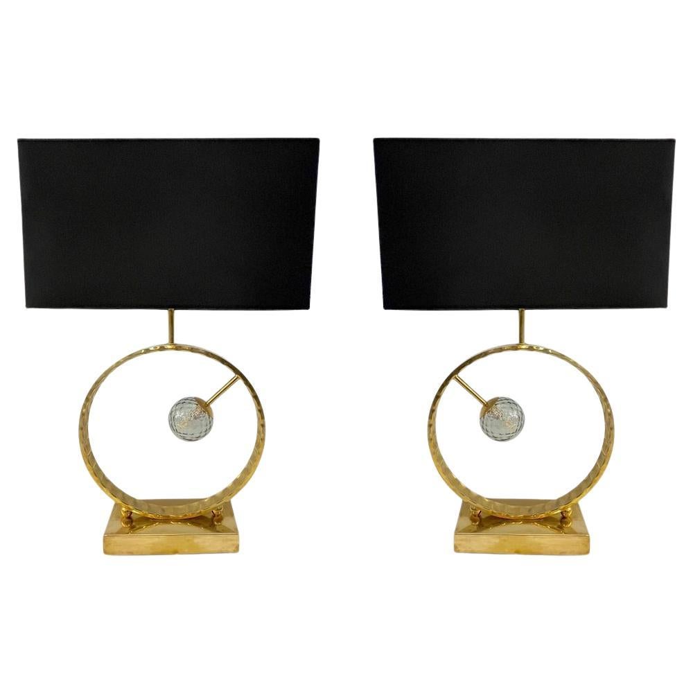 Organic Modern Italian Monumental Brass & Smoked Murano Glass Round Table Lamp For Sale 2