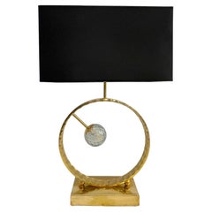 Organic Modern Italian Monumental Brass & Smoked Murano Glass Round Table Lamp