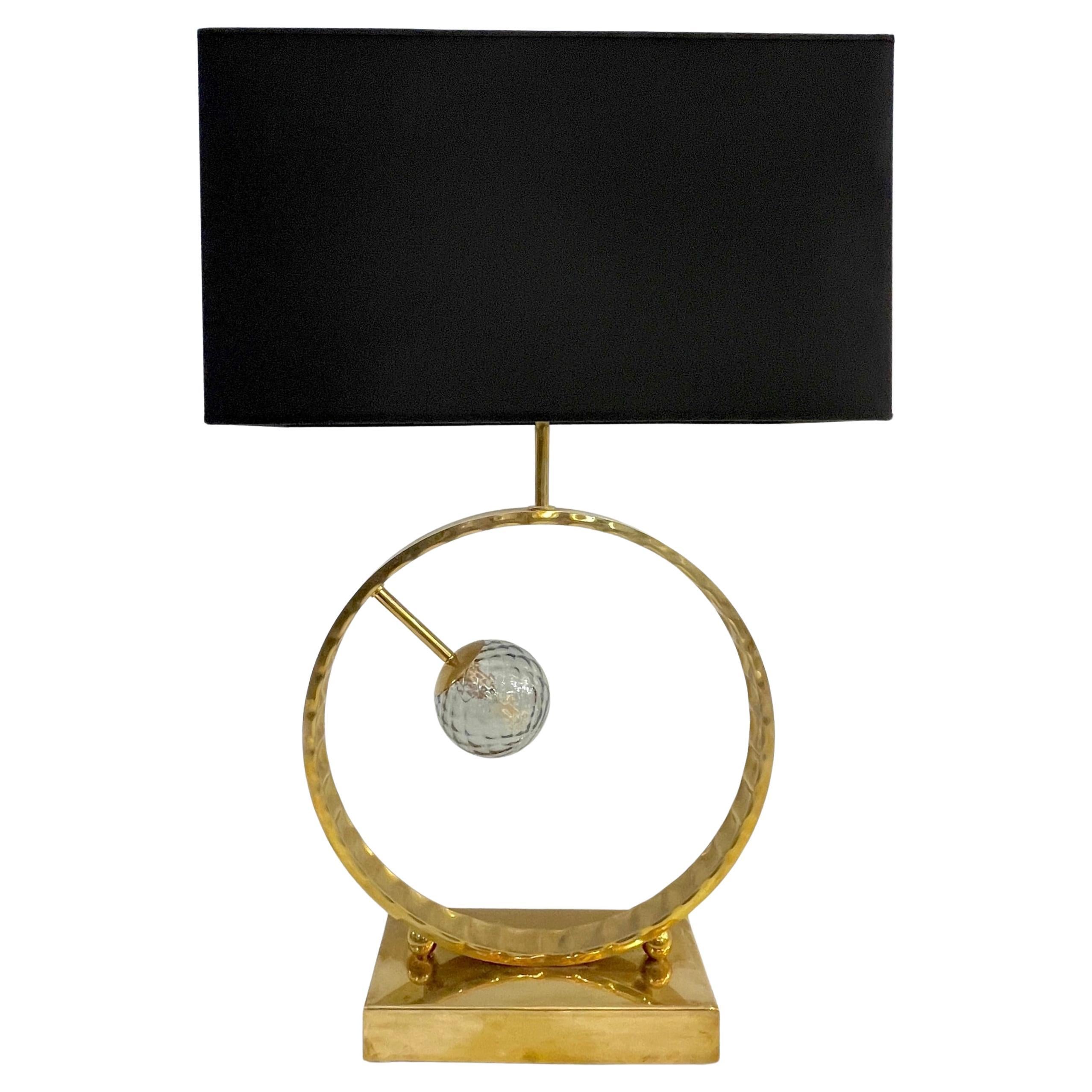 Organic Modern Italian Monumental Brass & Smoked Murano Glass Round Table Lamp For Sale