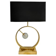 Lampe de table ronde italienne organique et monumentale en laiton et verre de Murano fumé