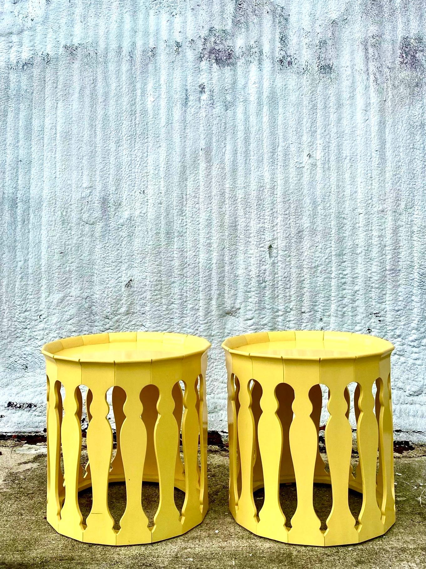 Wood Organic Modern Johnathan Charles Yellow Raincoat Side Tables, a Pair   