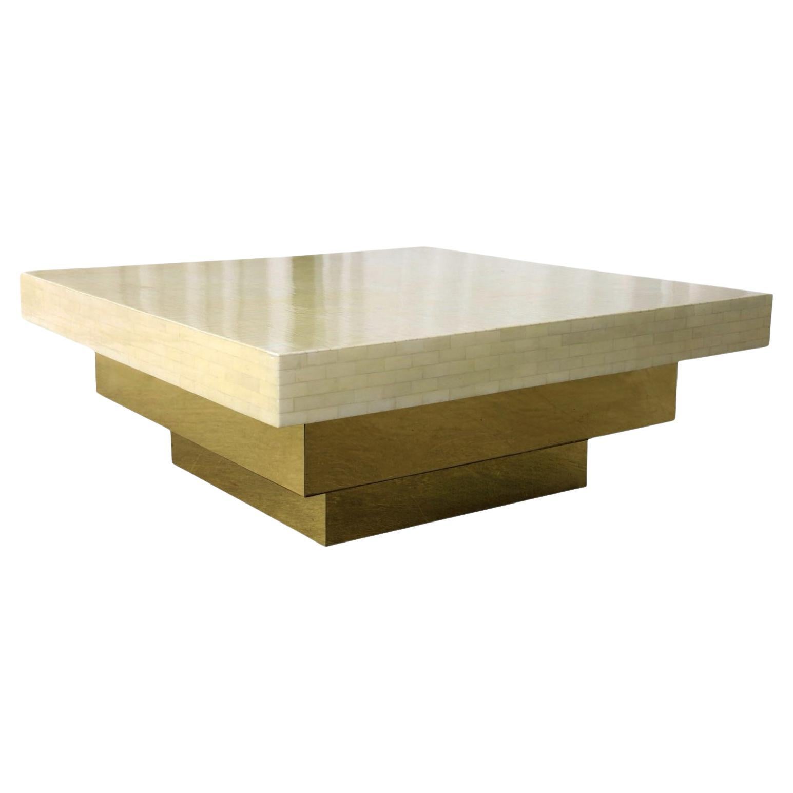 Organic Modern Karl Springer Style Tessellated Bone And Brass Coffee Table 