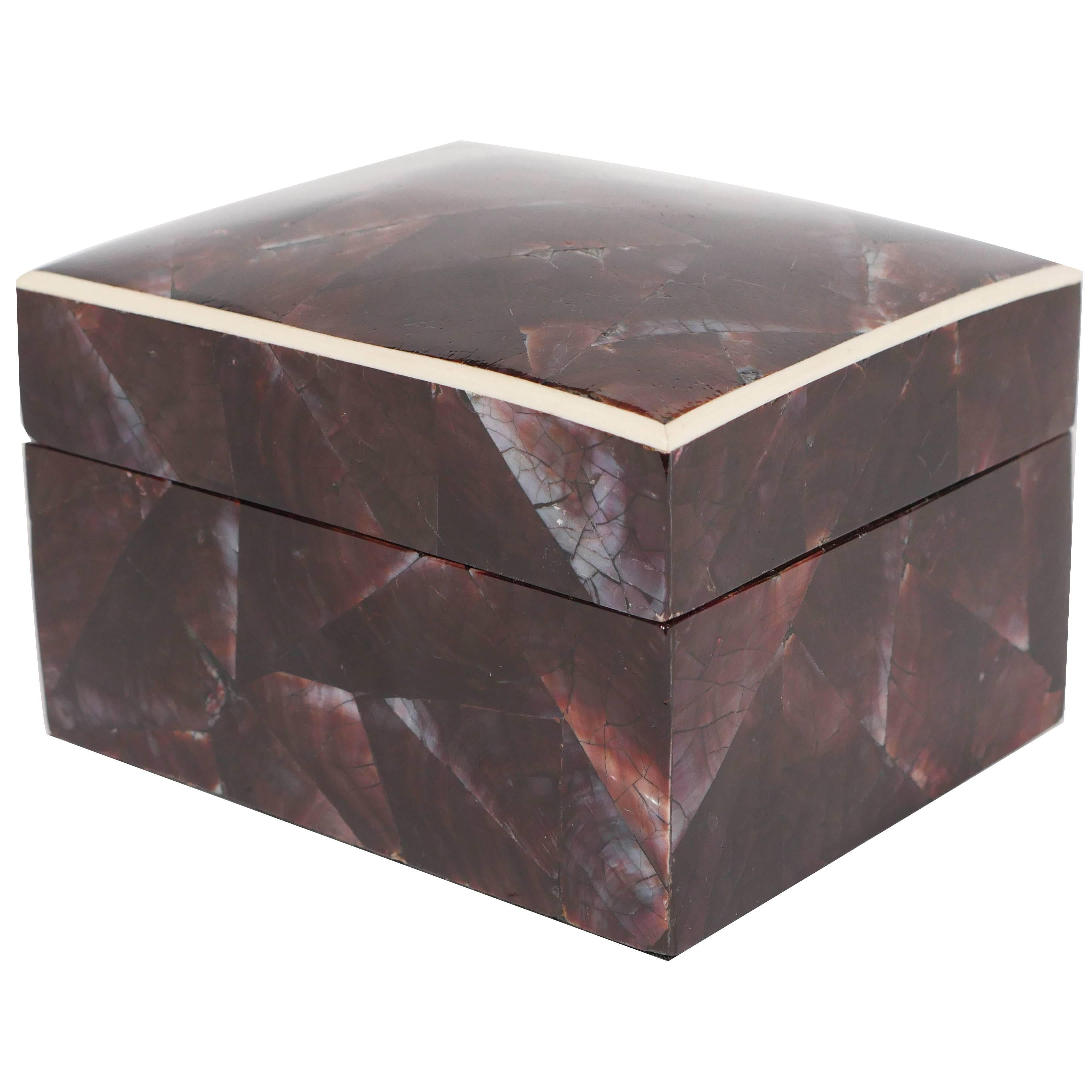 French Organic Modern Lacquered Pen Shell Decorative Box with Bone Trim