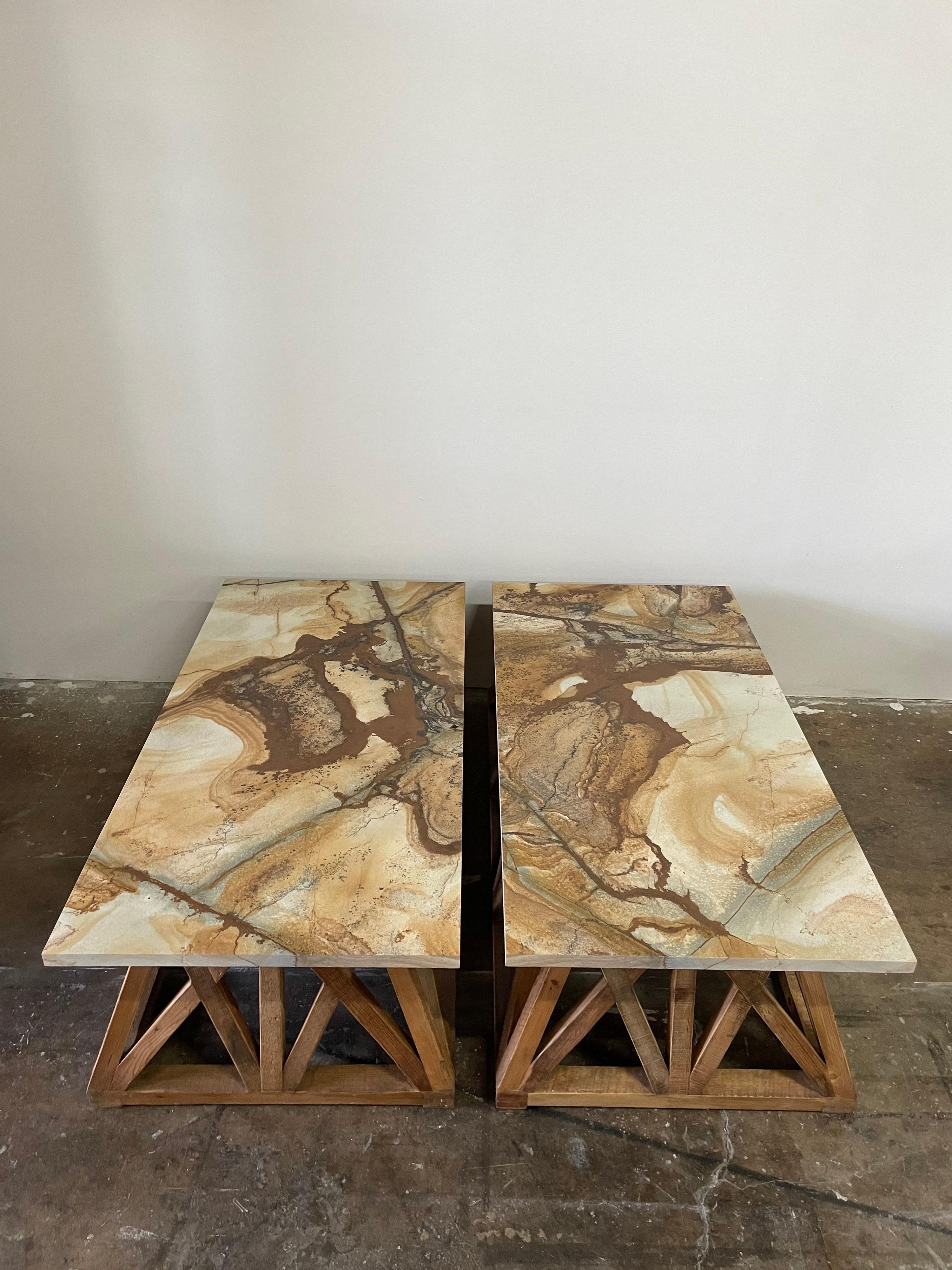 Organic Modern Lattice Wood Base with Marble Top Coffee Table 4