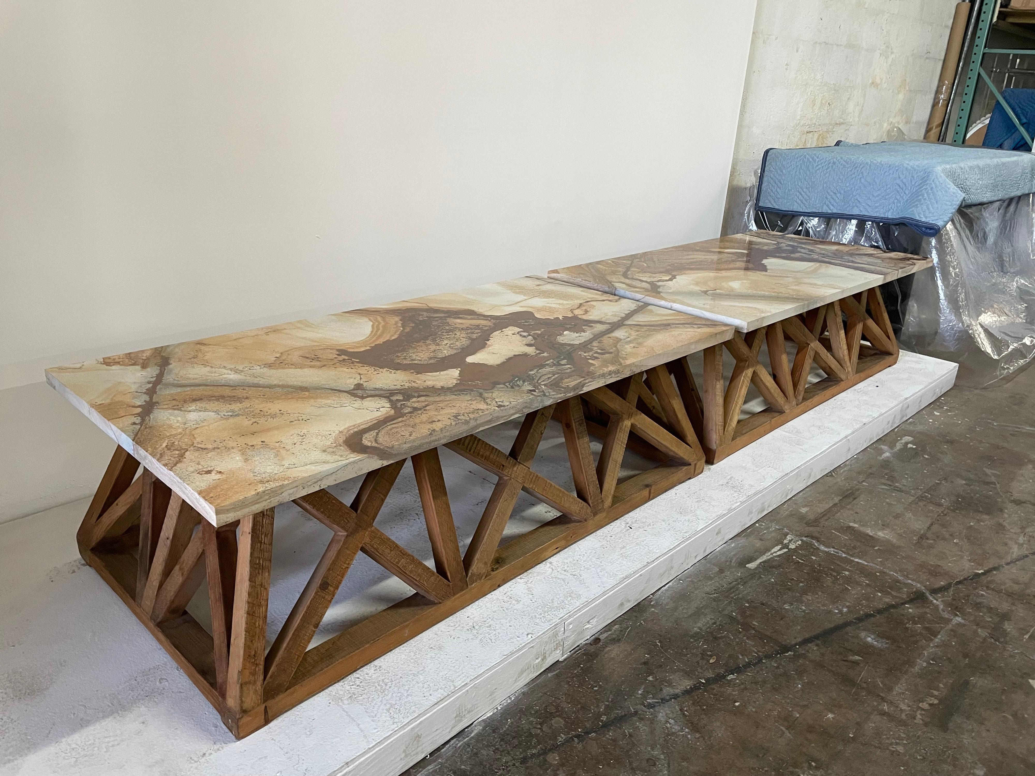Organic Modern Lattice Wood Base with Marble Top Coffee Table For Sale 1