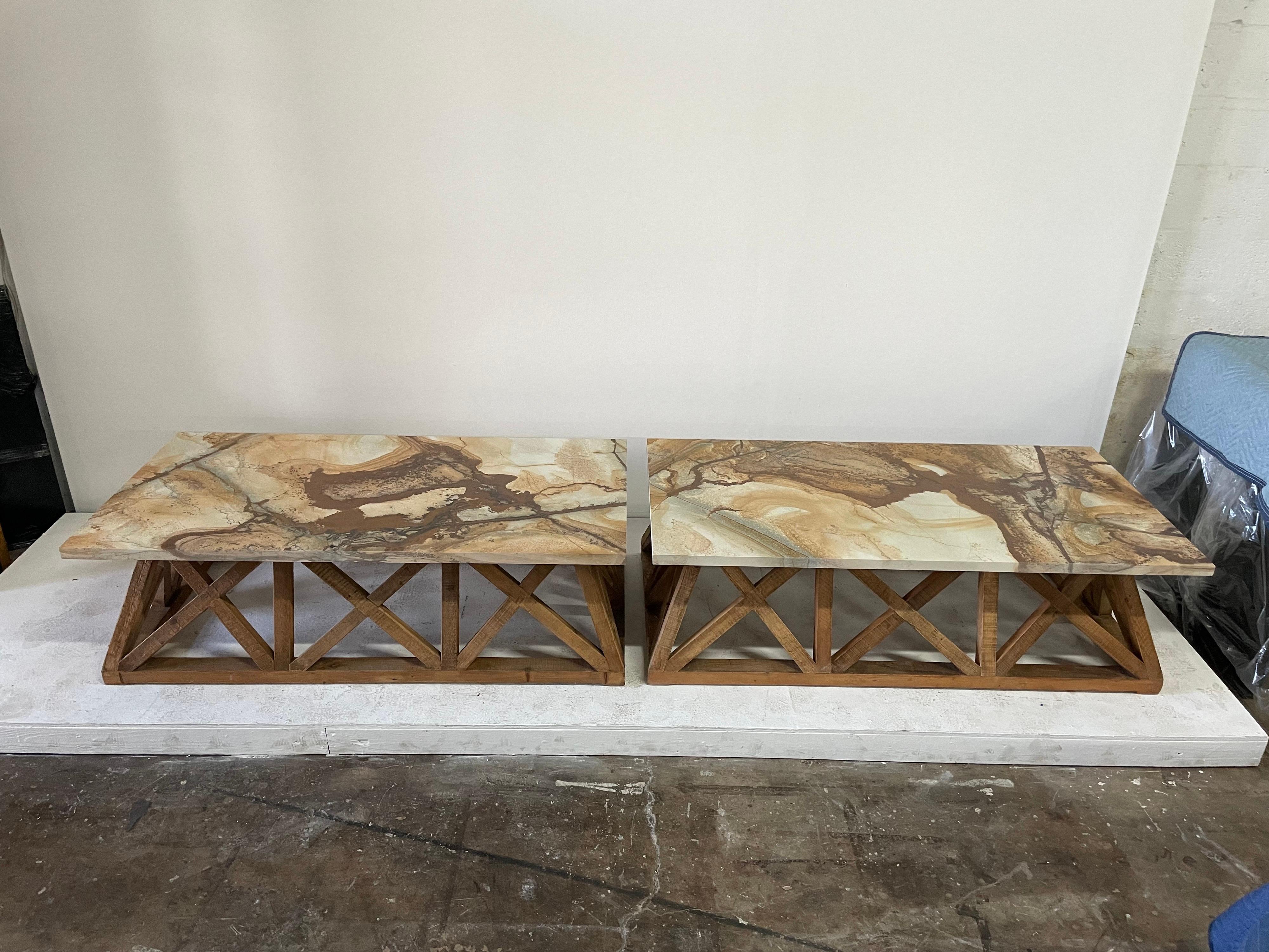 Organic Modern Lattice Wood Base with Marble Top Coffee Table For Sale 2