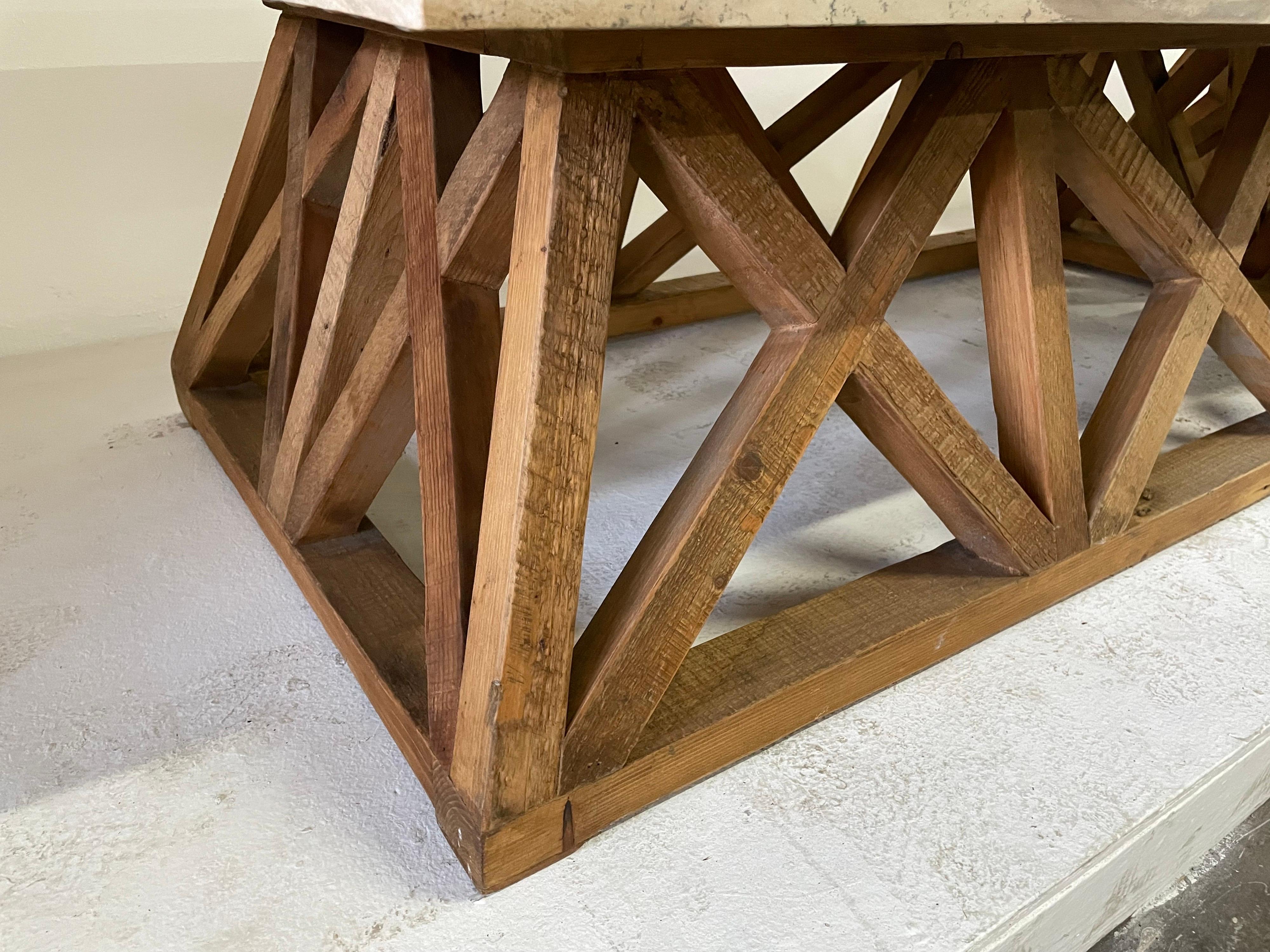 Organic Modern Lattice Wood Base with Marble Top Coffee Table 6