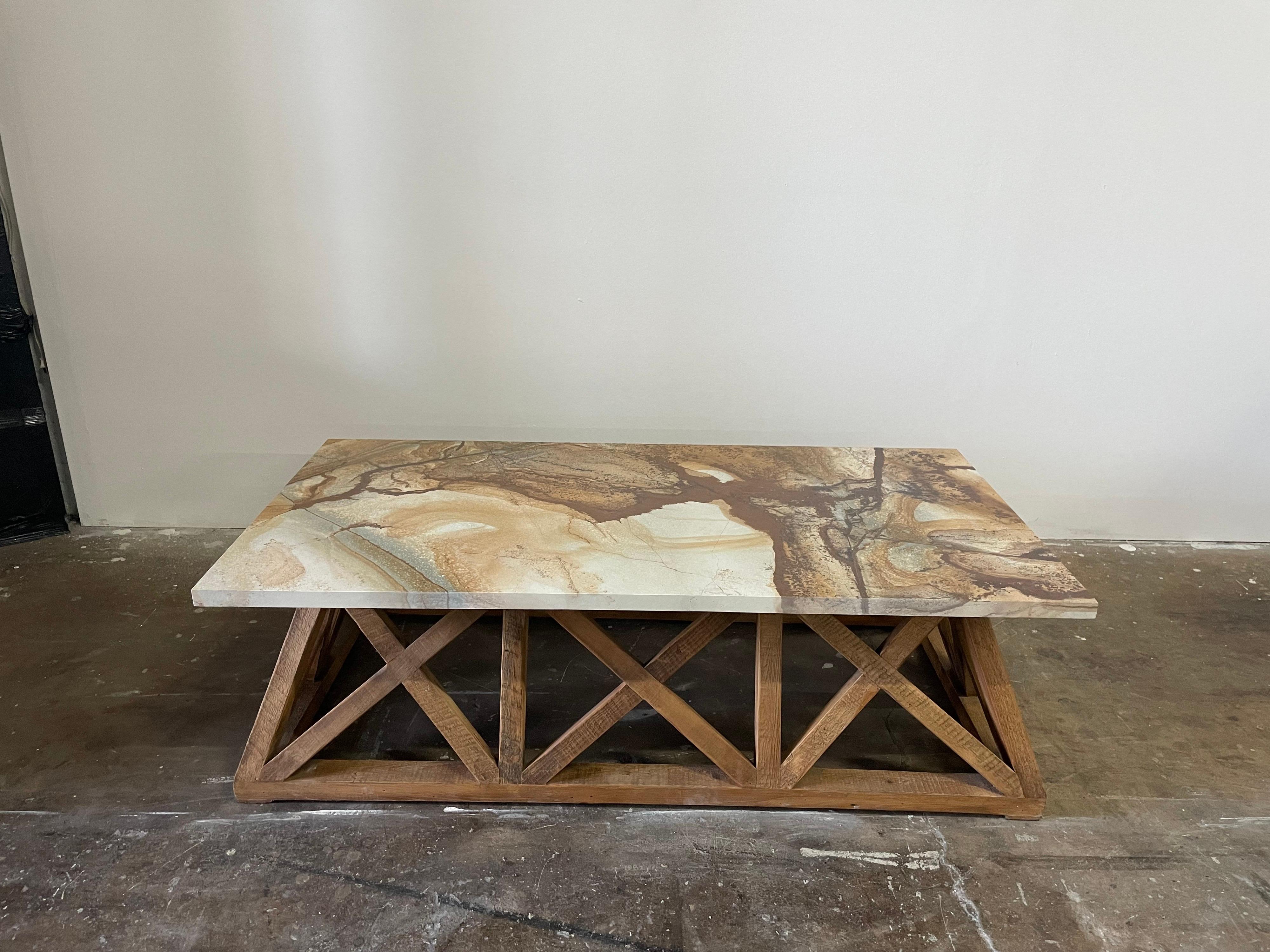 Late 20th Century Organic Modern Lattice Wood Base with Marble Top Coffee Table
