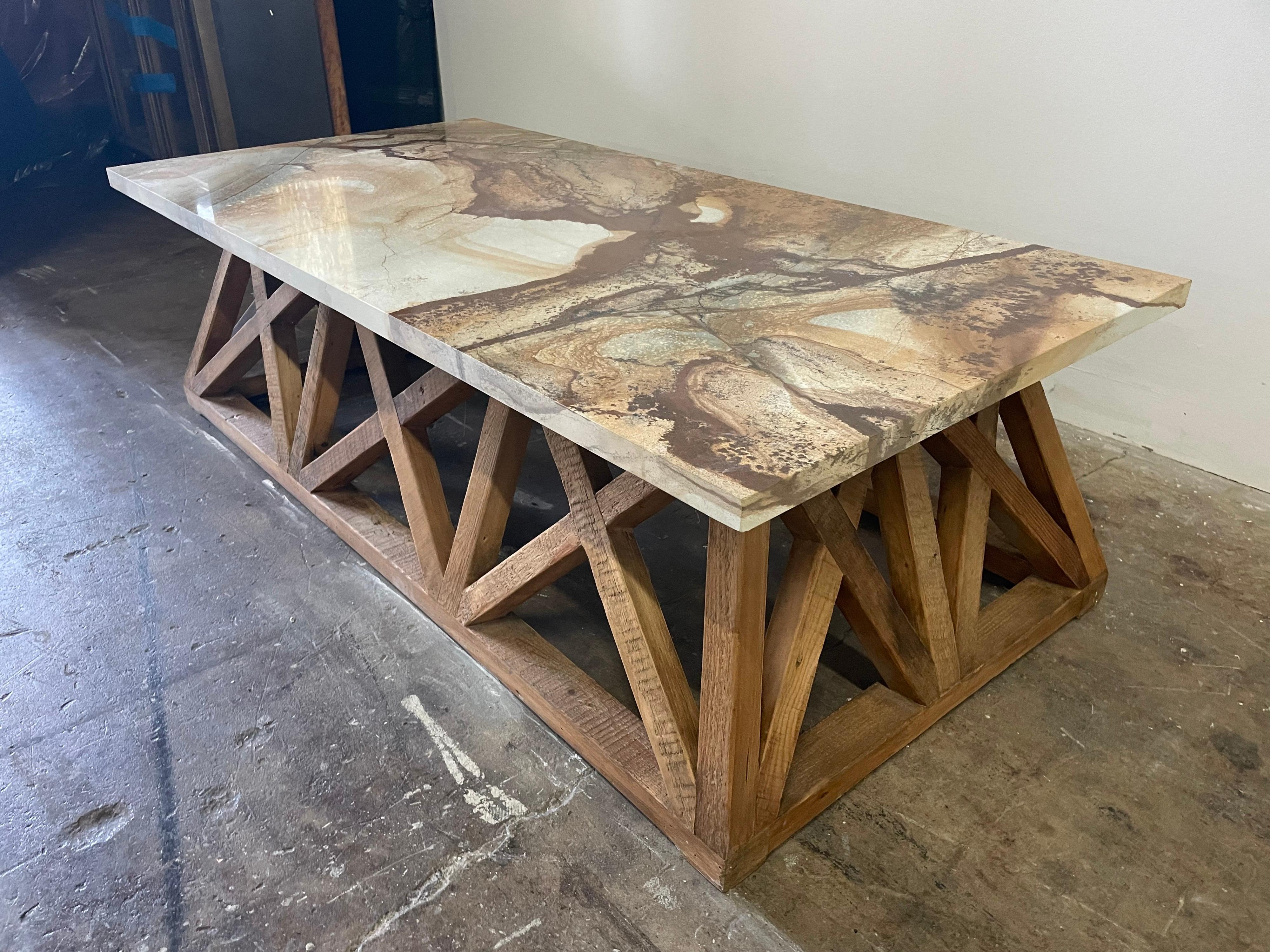 Organic Modern Lattice Wood Base with Marble Top Coffee Table 1