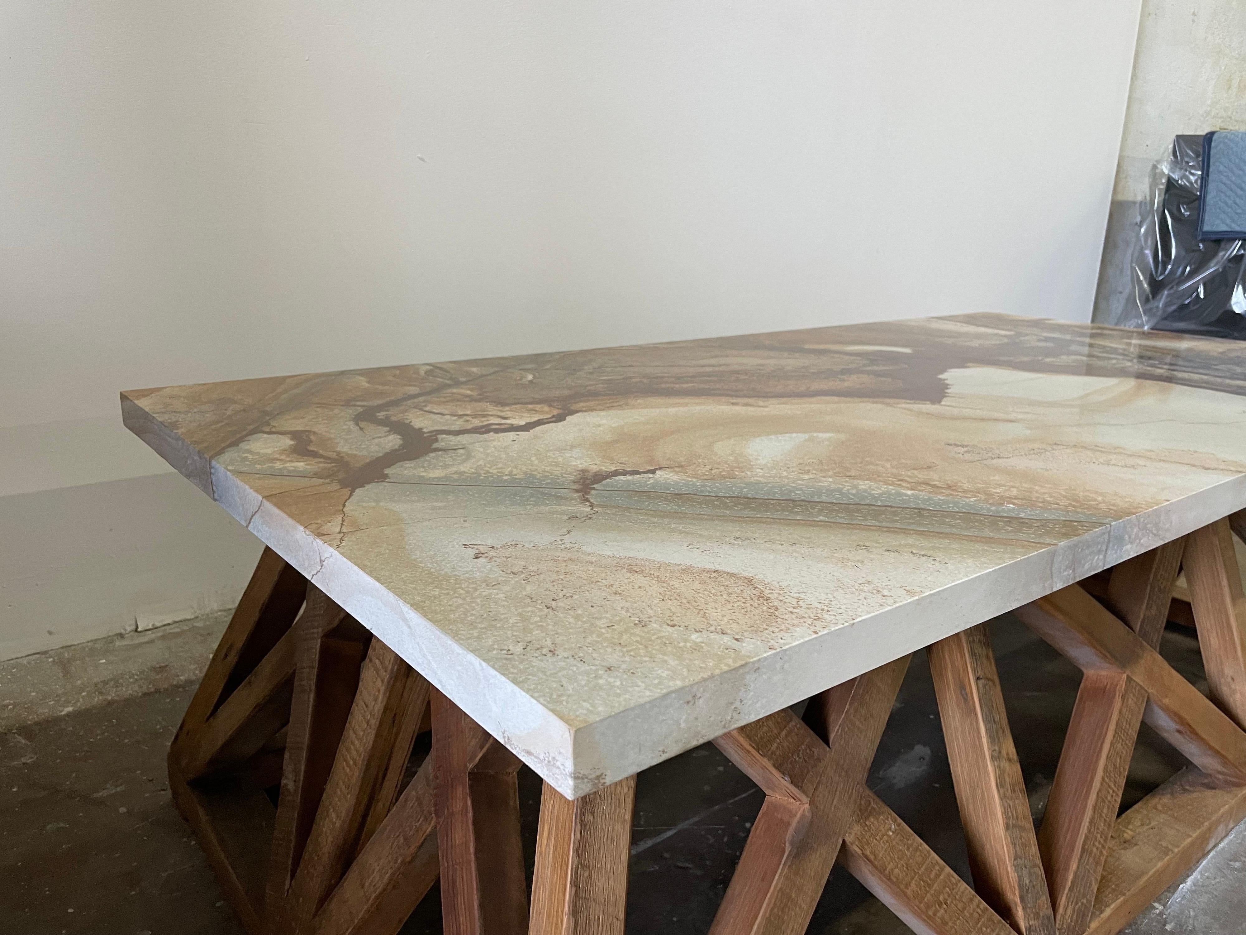 Organic Modern Lattice Wood Base with Marble Top Coffee Table 2
