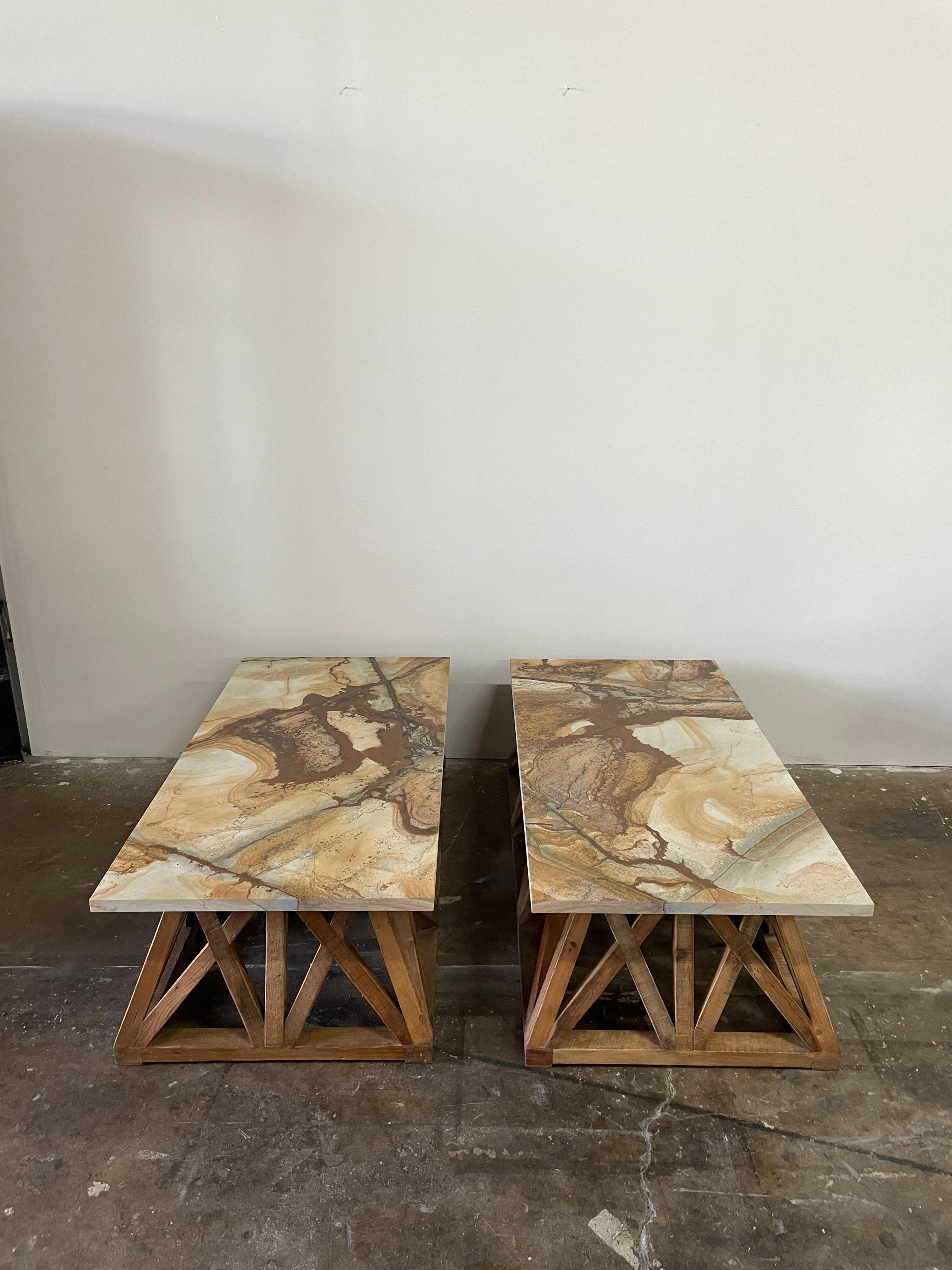 Organic Modern Lattice Wood Base with Marble Top Coffee Table 3