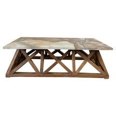 Organic Modern Lattice Wood Base with Marble Top Coffee Table