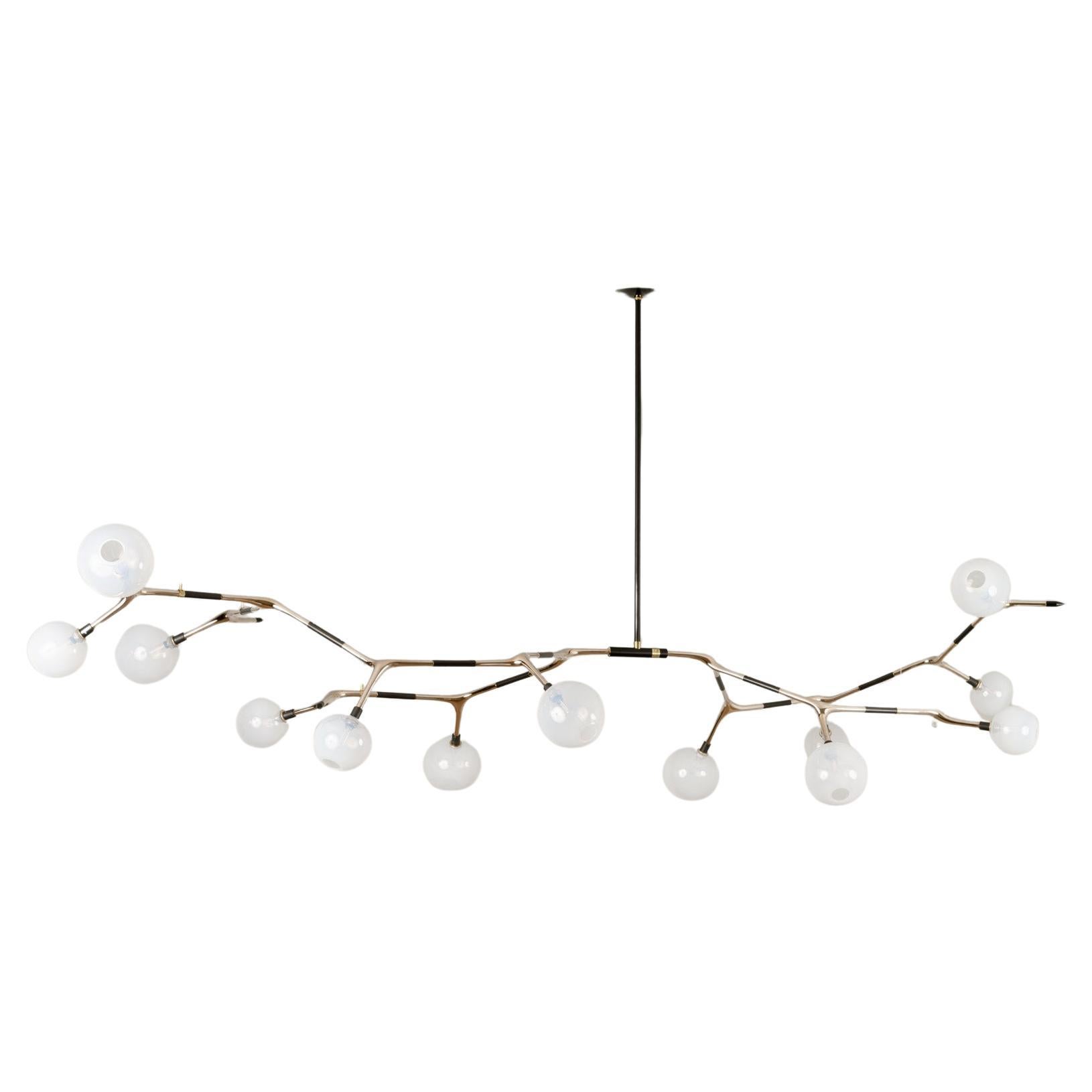 Organic Modern Light Fixture Polished LostWax Bronze 13 White Blown Glass Globes