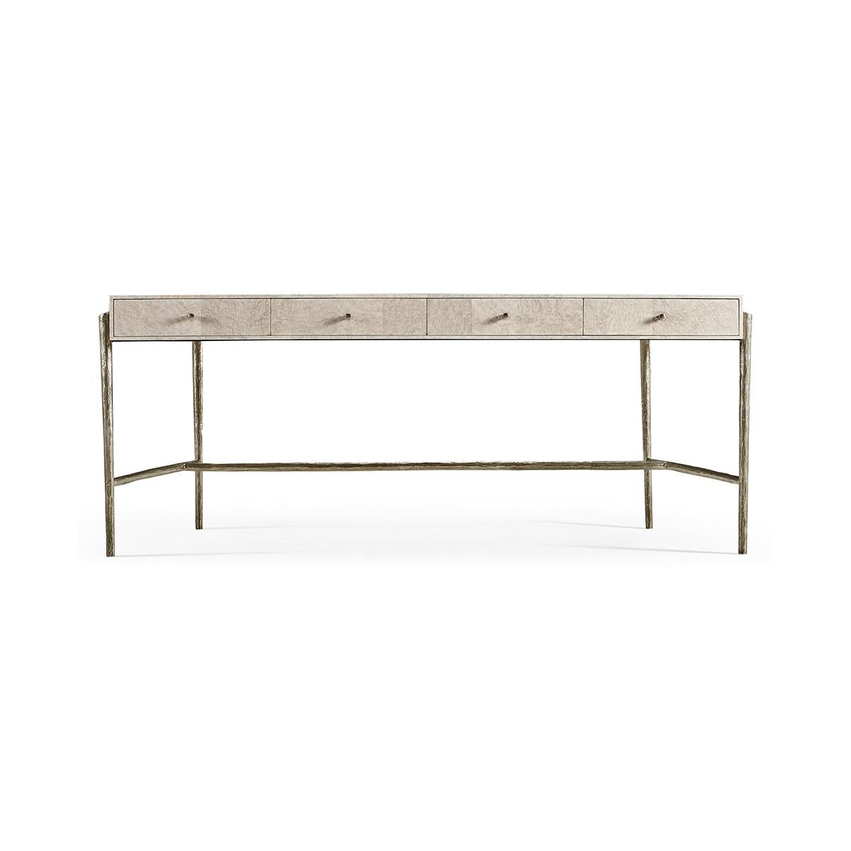 Organic modern madrona desk, Inspirational design elements lead with a mesmerizing butcher block top honed from Madrona burl finished in smoke gray.

Organically textured stainless steel straight-line legs finished in satin white brass offer