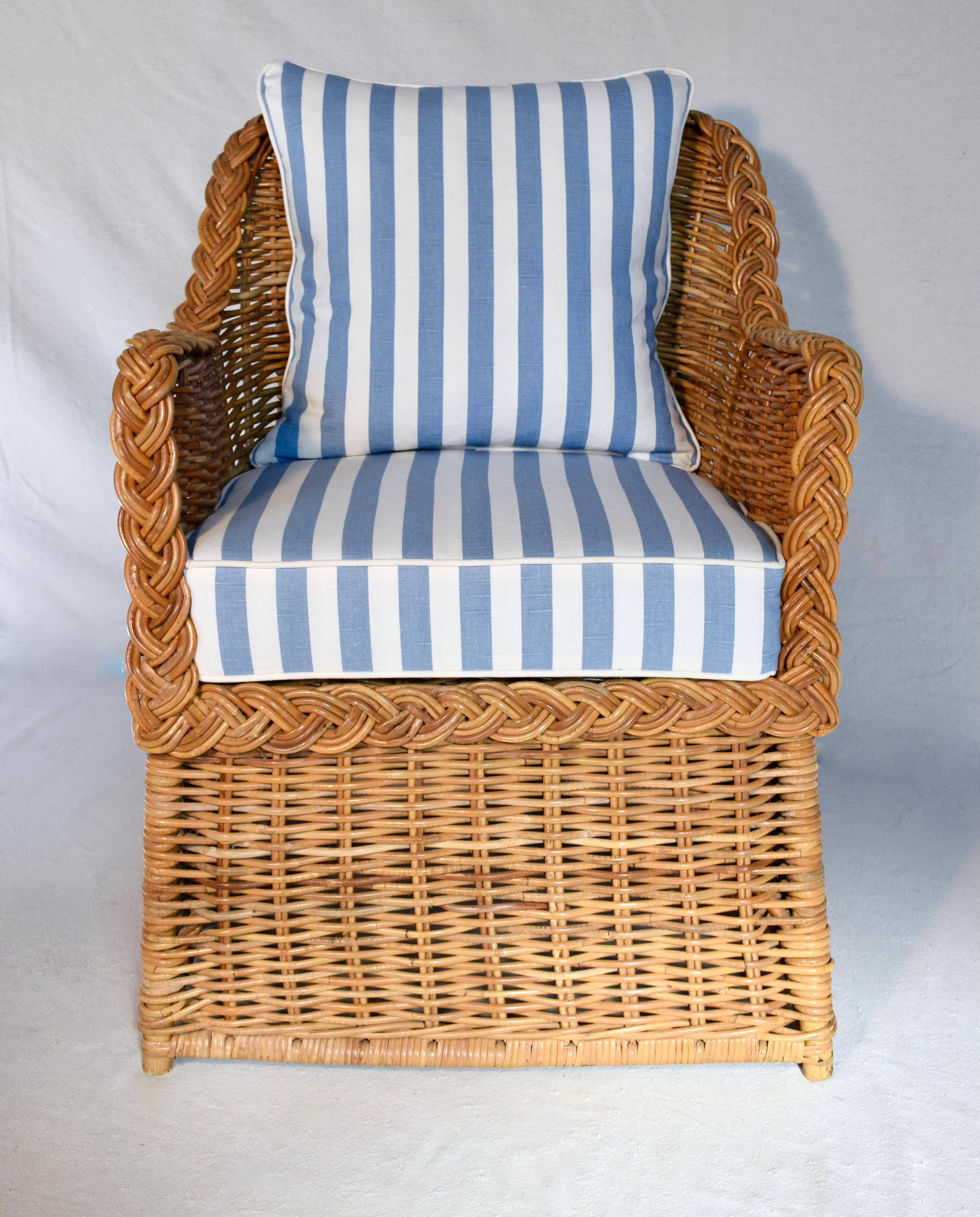 Michael Taylor braided wicker rattan armchair with new seat & goose down back cushions upholstered in new stock vintage Ralph Lauren sky blue and white wide stripe cotton linen. Seat: 17