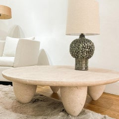 Organic Modern Minimal Round Coffee Center Table Travertine Stone Natural Pores