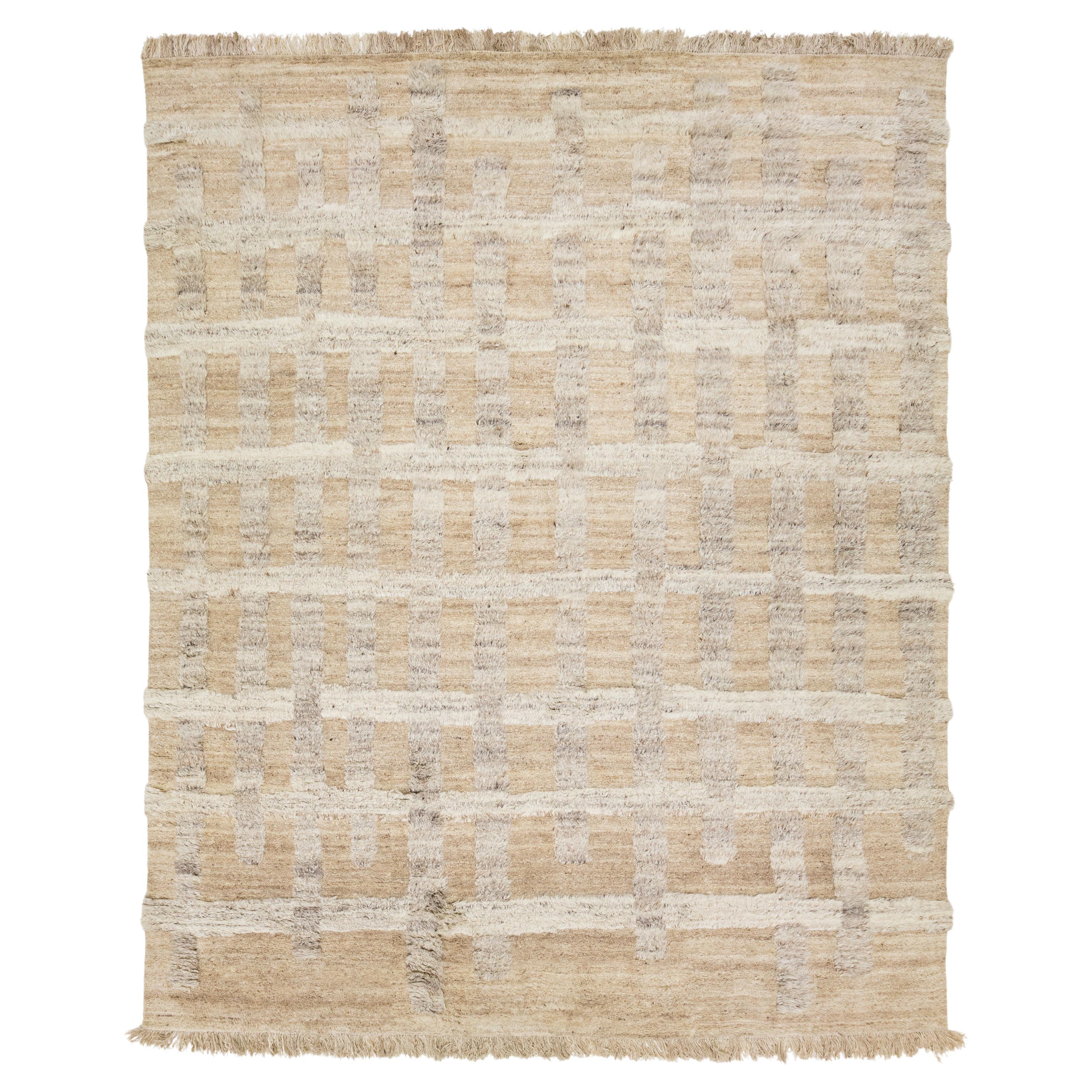 Organic Modern Moroccan Light Brown Wool Rug with Geometric Pattern