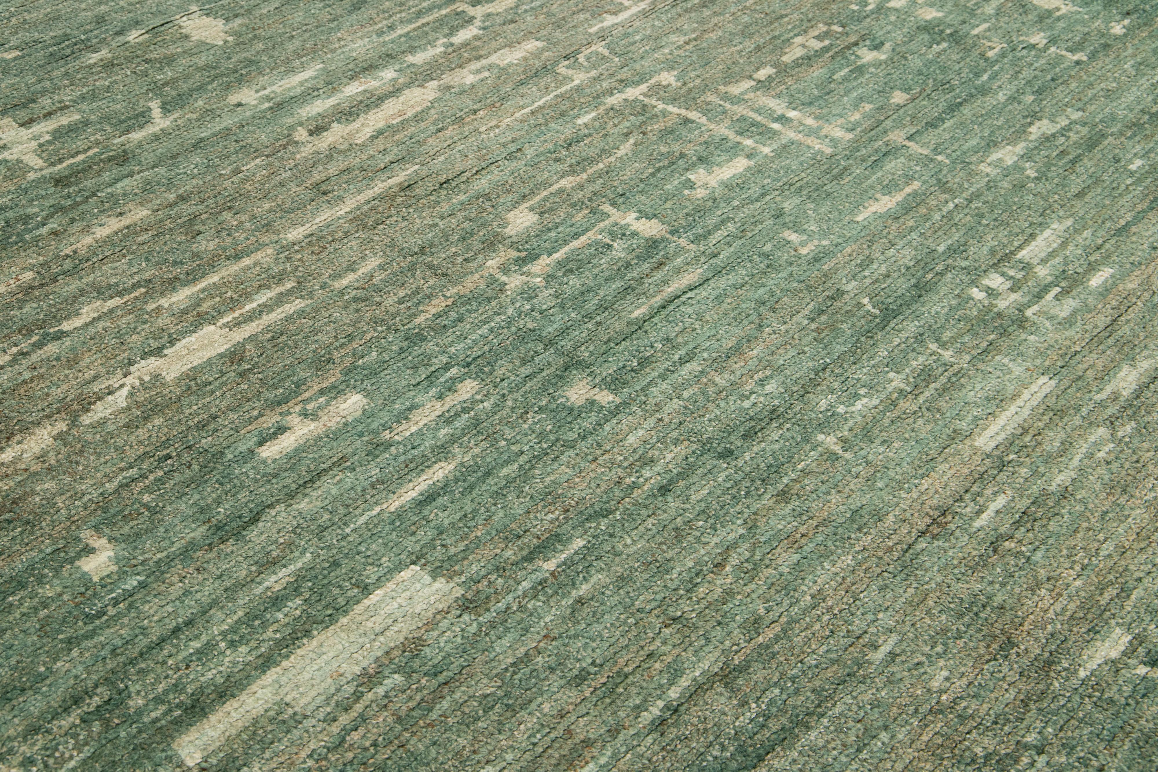 Organic Modern Moroccan Oversized Wool Rug In Green For Sale 4