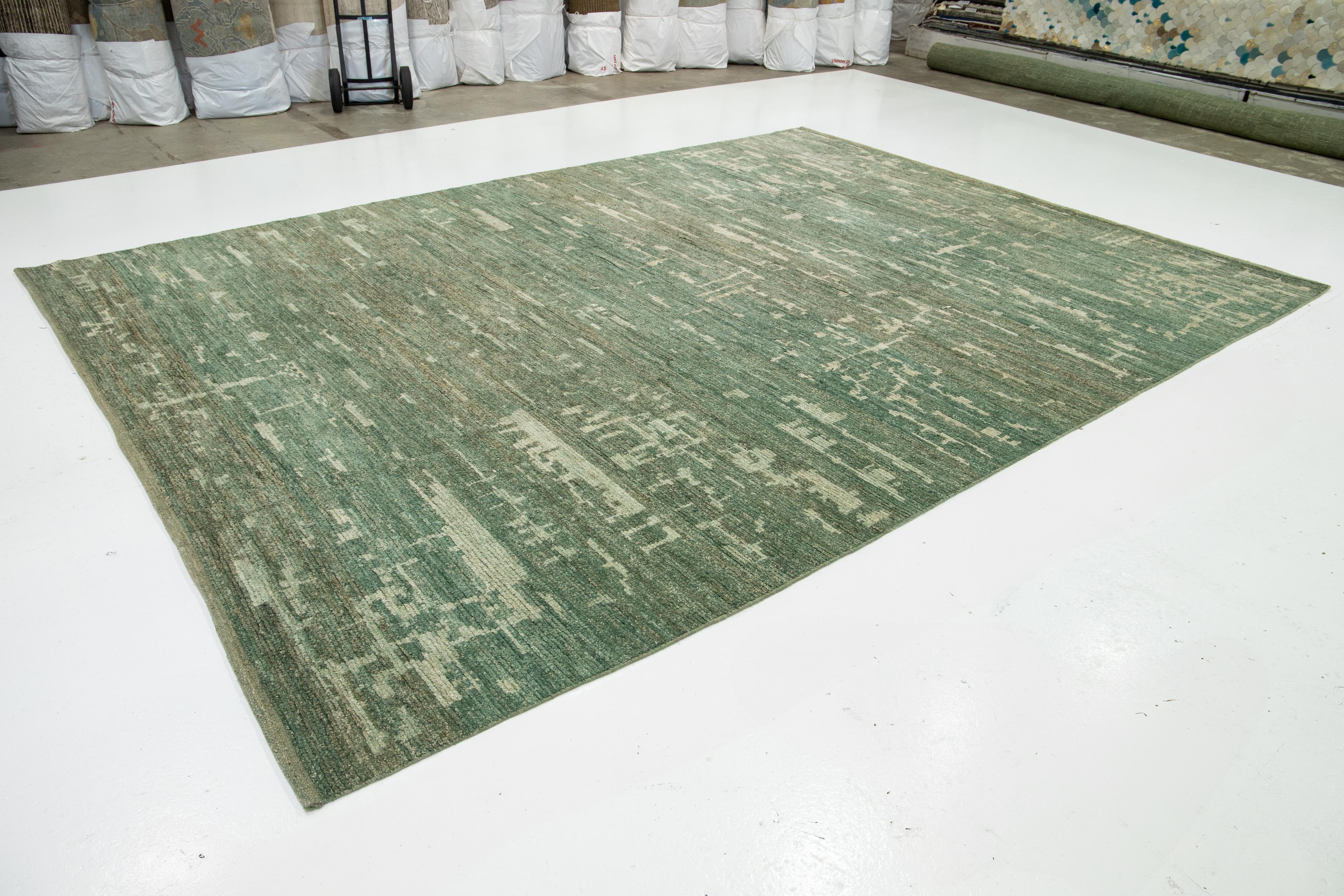 Afghan Organic Modern Moroccan Oversized Wool Rug In Green For Sale