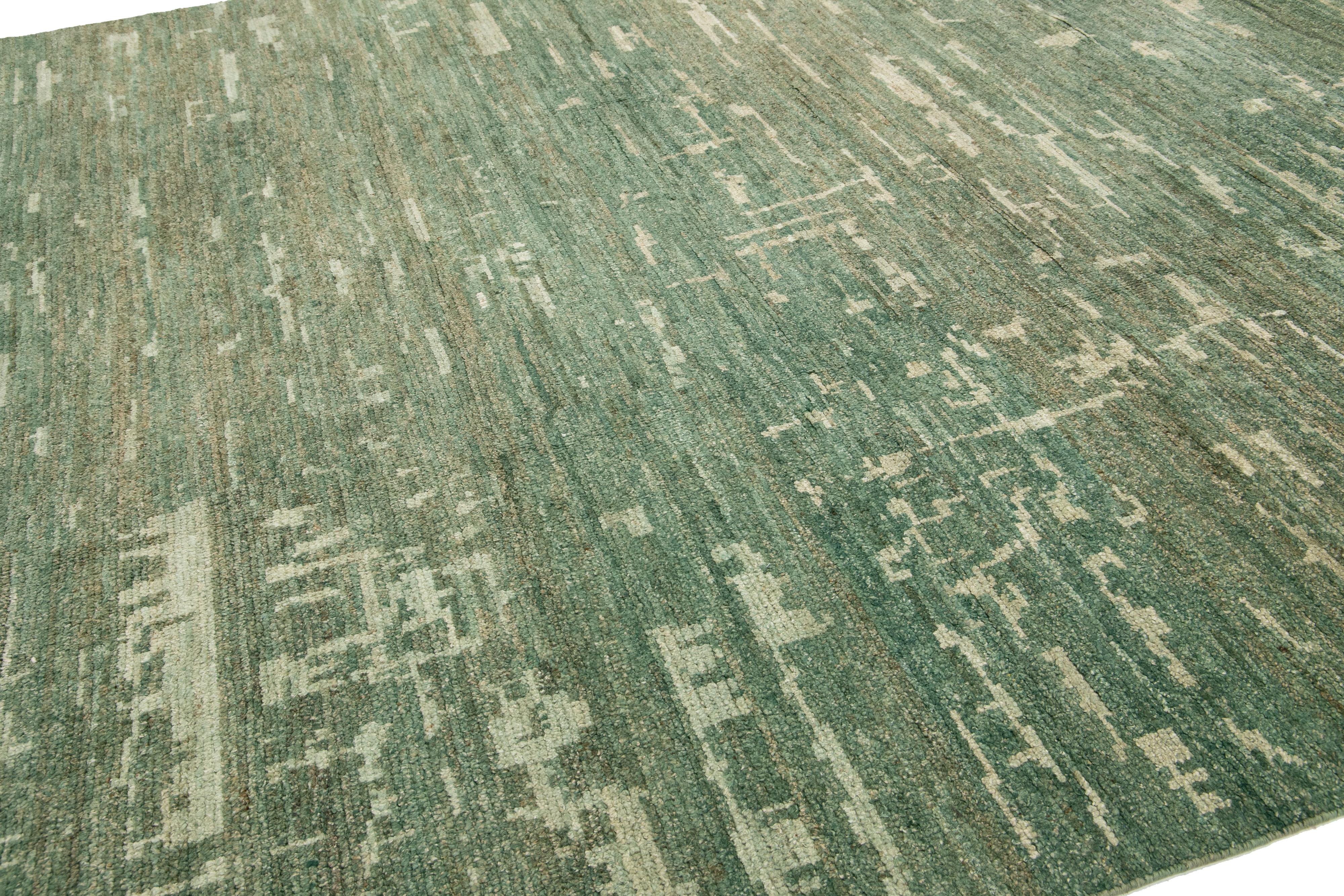 Hand-Knotted Organic Modern Moroccan Oversized Wool Rug In Green For Sale