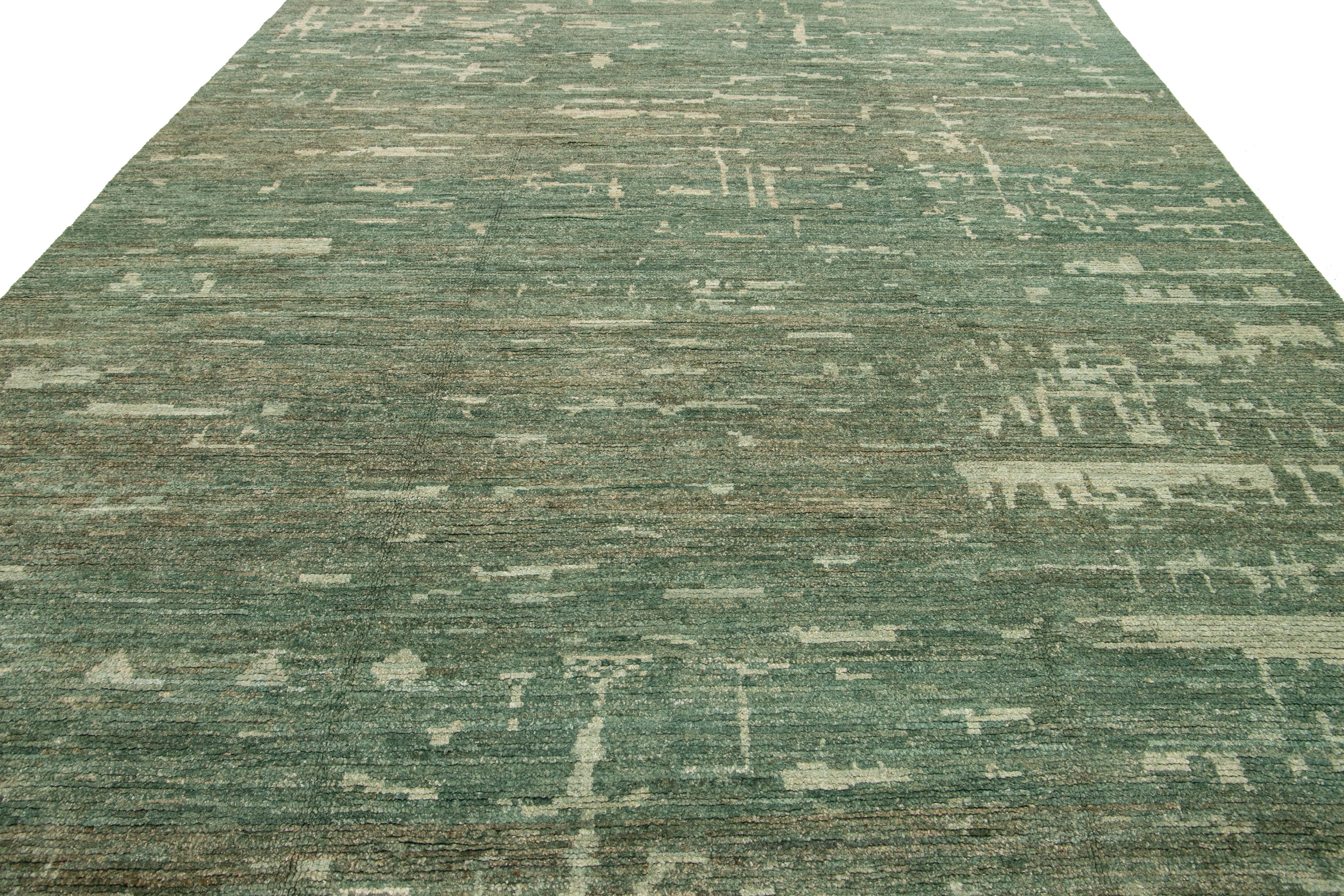 Organic Modern Moroccan Oversized Wool Rug In Green For Sale 3