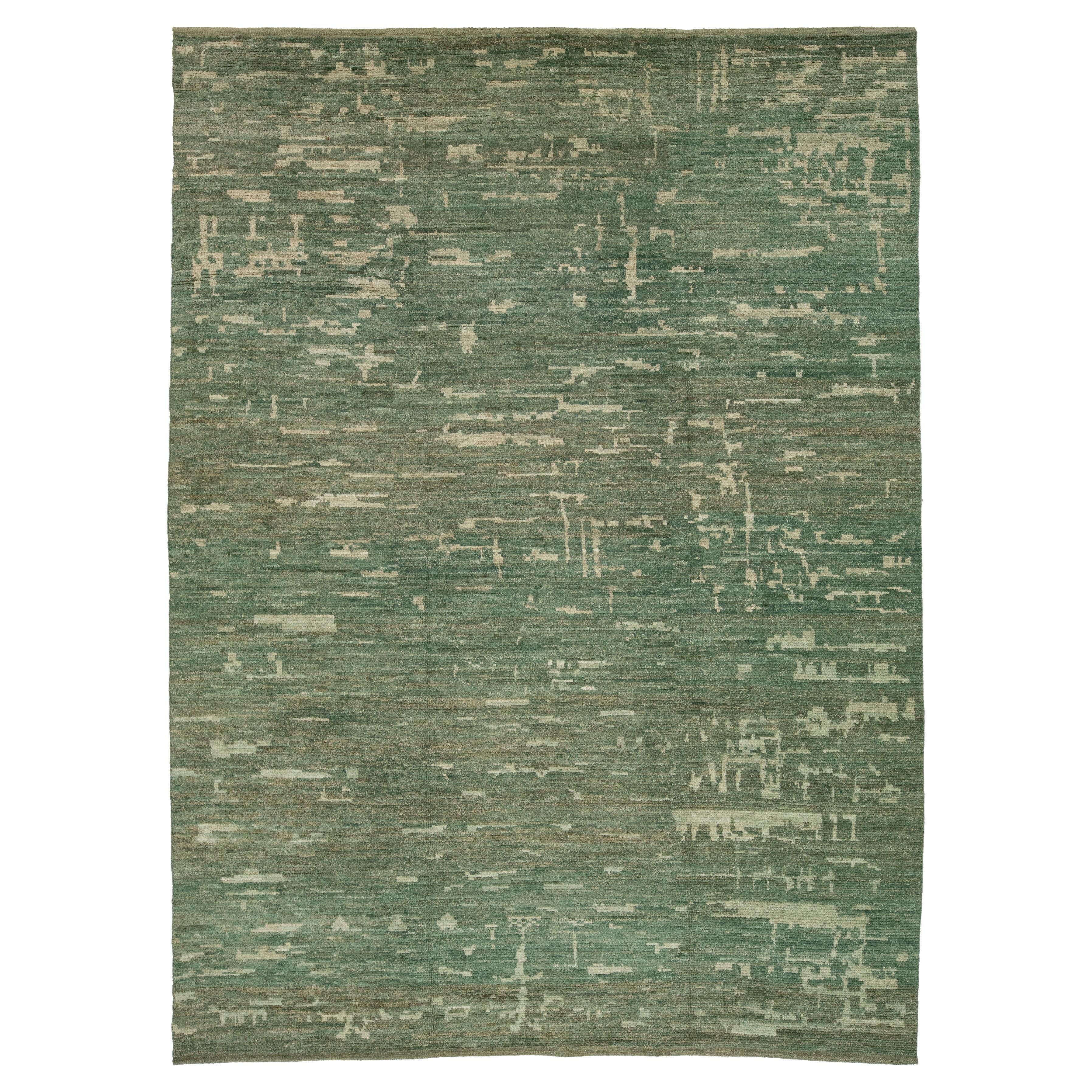 Organic Modern Moroccan Oversized Wool Rug In Green For Sale