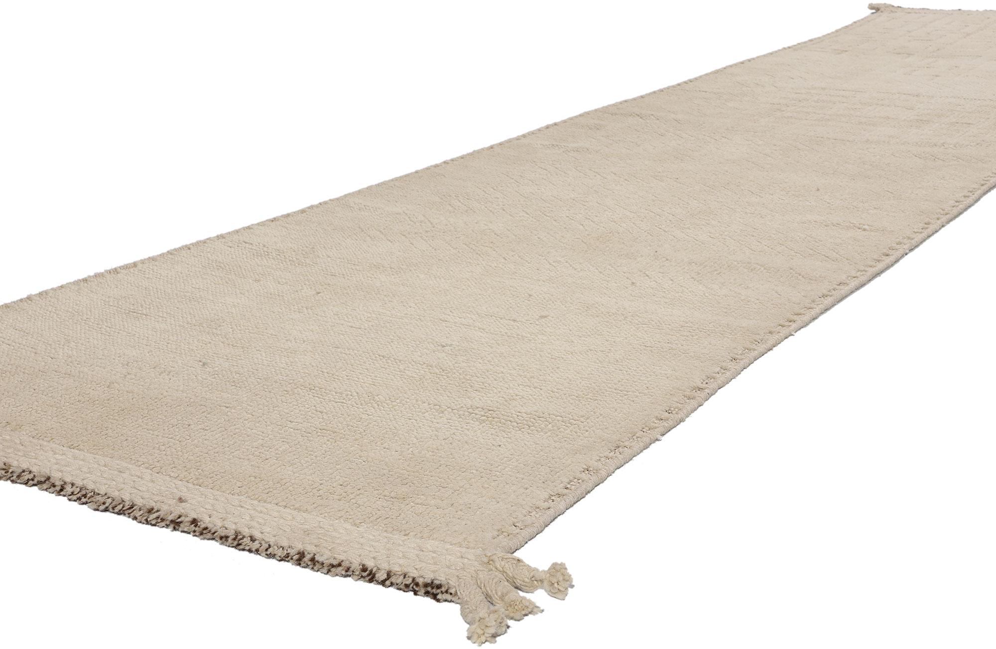 81075 Organic Modern Boho Moroccan Rug Runner, 02'11 x 12'02. Dive deep into the enchanting essence of minimalist bohemian design as you enhance your space with this hand-knotted wool organic modern Boho Moroccan rug runner. Crafted with meticulous