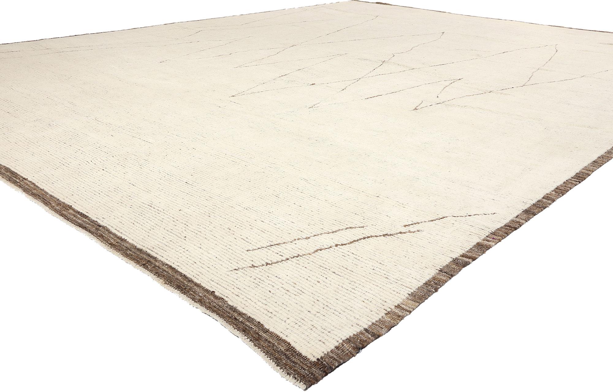 81081 Organic Modern Wabi-Sabi Moroccan Rug, 13'03 x 16'10. Enveloped in cozy cohesiveness and tribal enchantment, lies an extraordinary focal point — an oversized hand-knotted wool Organic Modern Wabi-Sabi Moroccan rug, spanning nearly 13 by 17