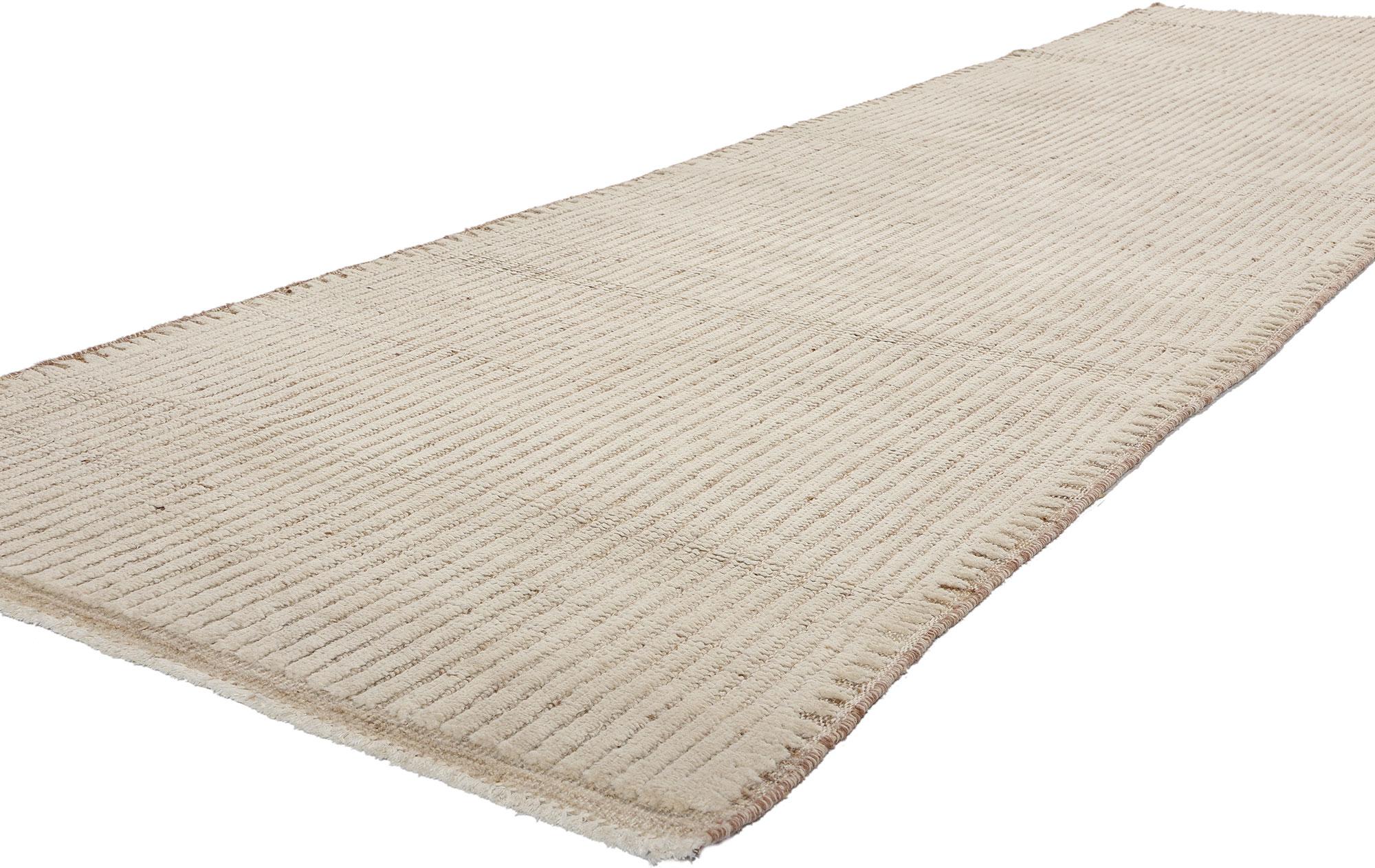 81106 Organic Modern Striations Moroccan Rug, 03'04 x 12'04. In this hand-knotted wool Organic Modern Moroccan rug runner, the robust character of Brutalism seamlessly intertwines with the serene simplicity of Japanese minimalism. Crafted with