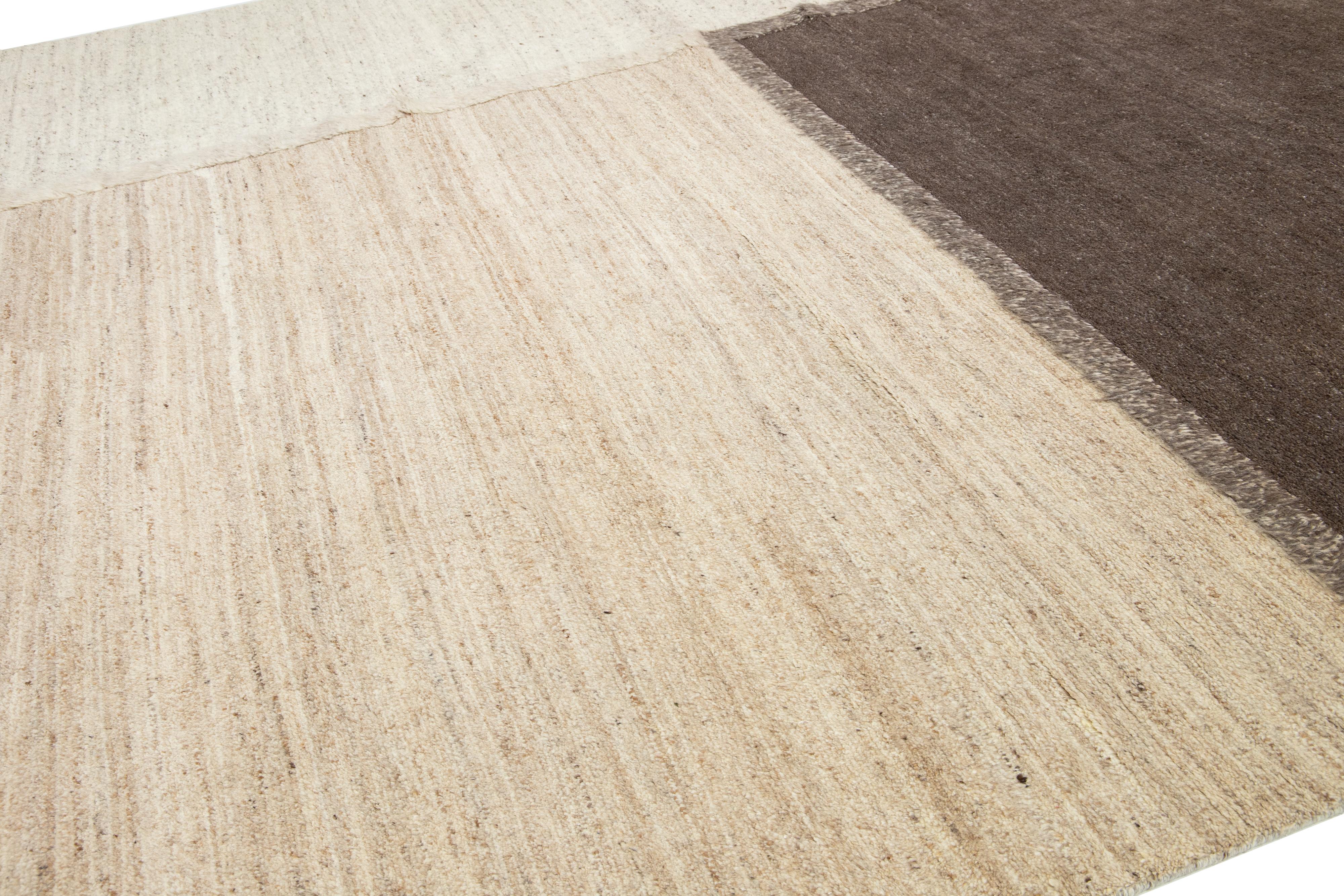 Hand-Knotted Organic Modern Moroccan Wool Rug In a Beige and Brown Geometric Design For Sale