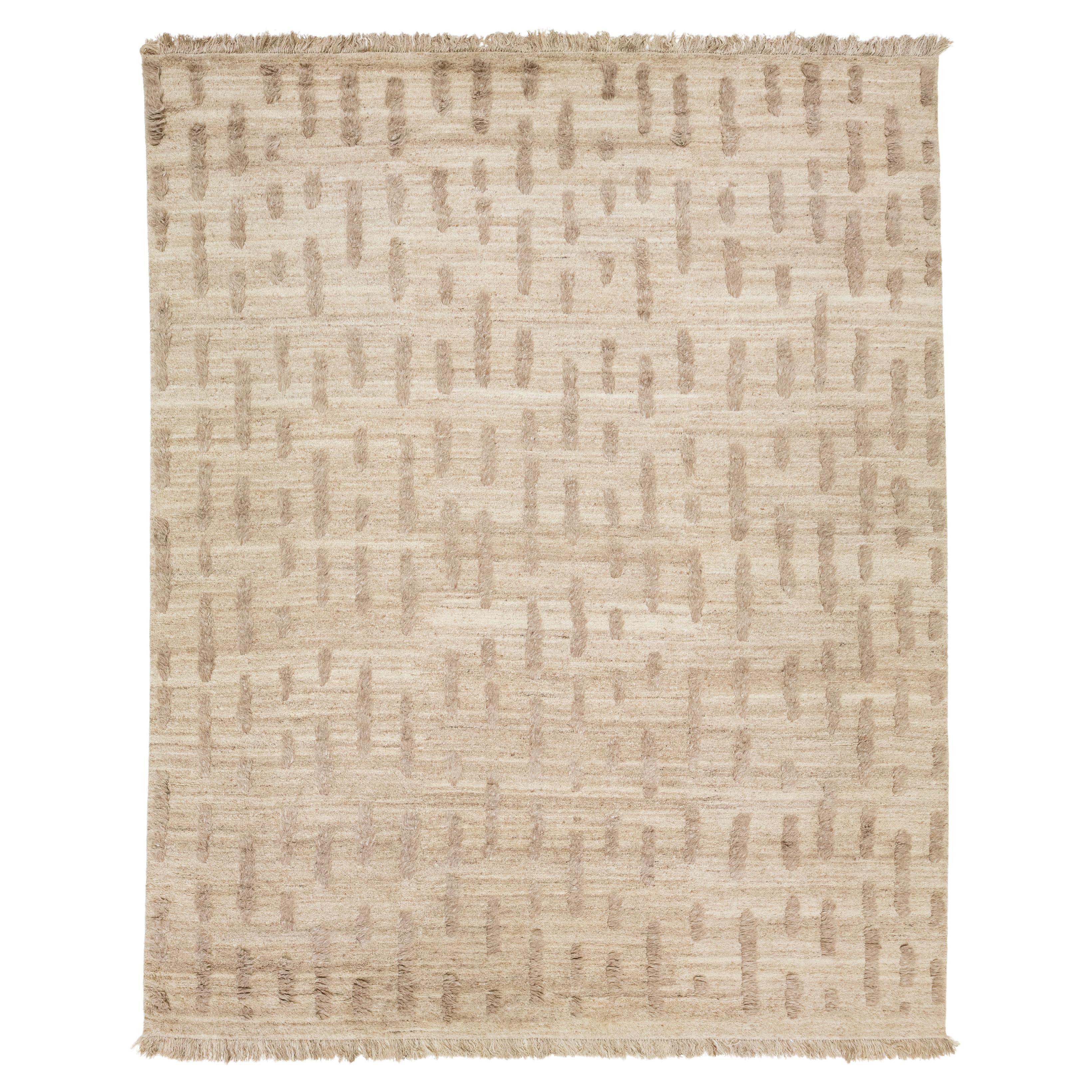 Organic Modern Moroccan Wool Rug In Beige with Geometric Pattern