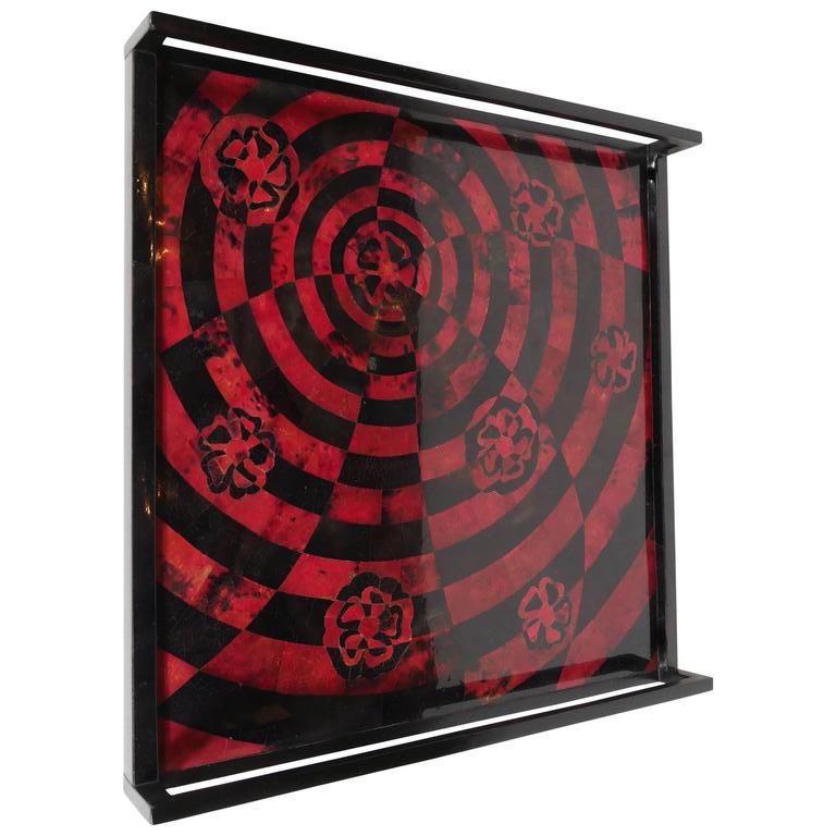 Ebonized R & Y Augousti Tray with Geometric Inlays of Red and Black Lacquered Pen Shell For Sale