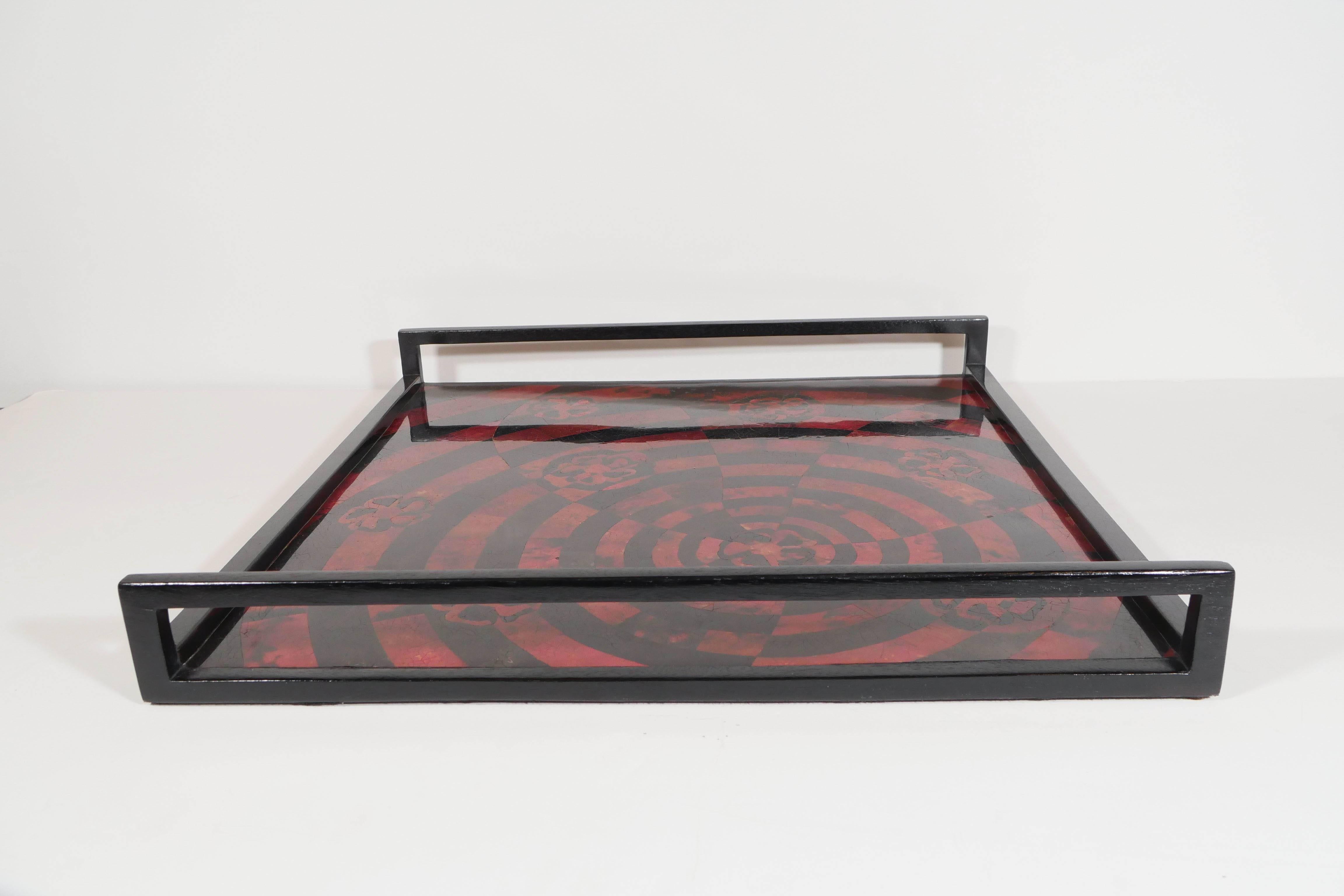 R & Y Augousti Tray with Geometric Inlays of Red and Black Lacquered Pen Shell In Good Condition For Sale In Fort Lauderdale, FL