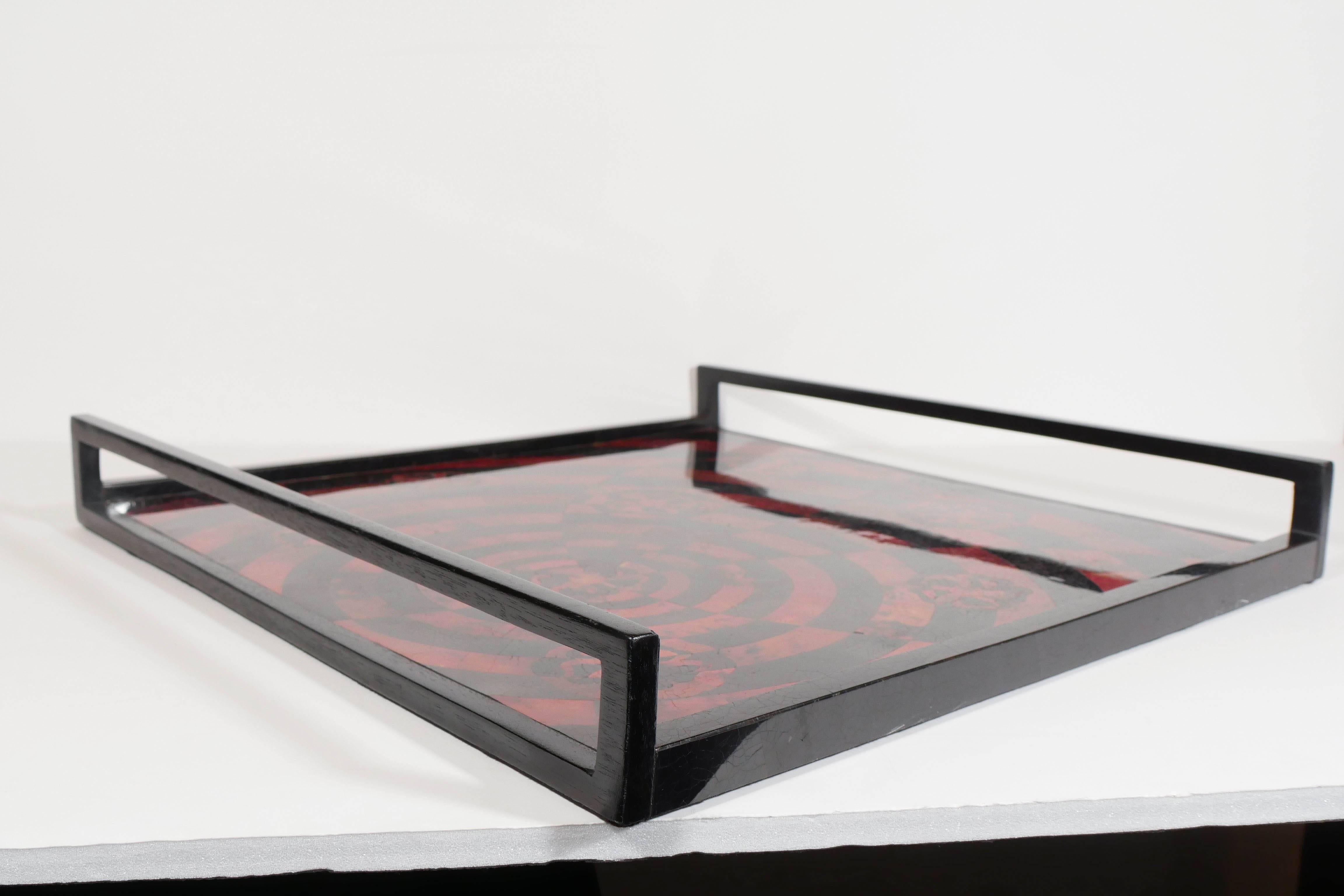 Contemporary R & Y Augousti Tray with Geometric Inlays of Red and Black Lacquered Pen Shell For Sale