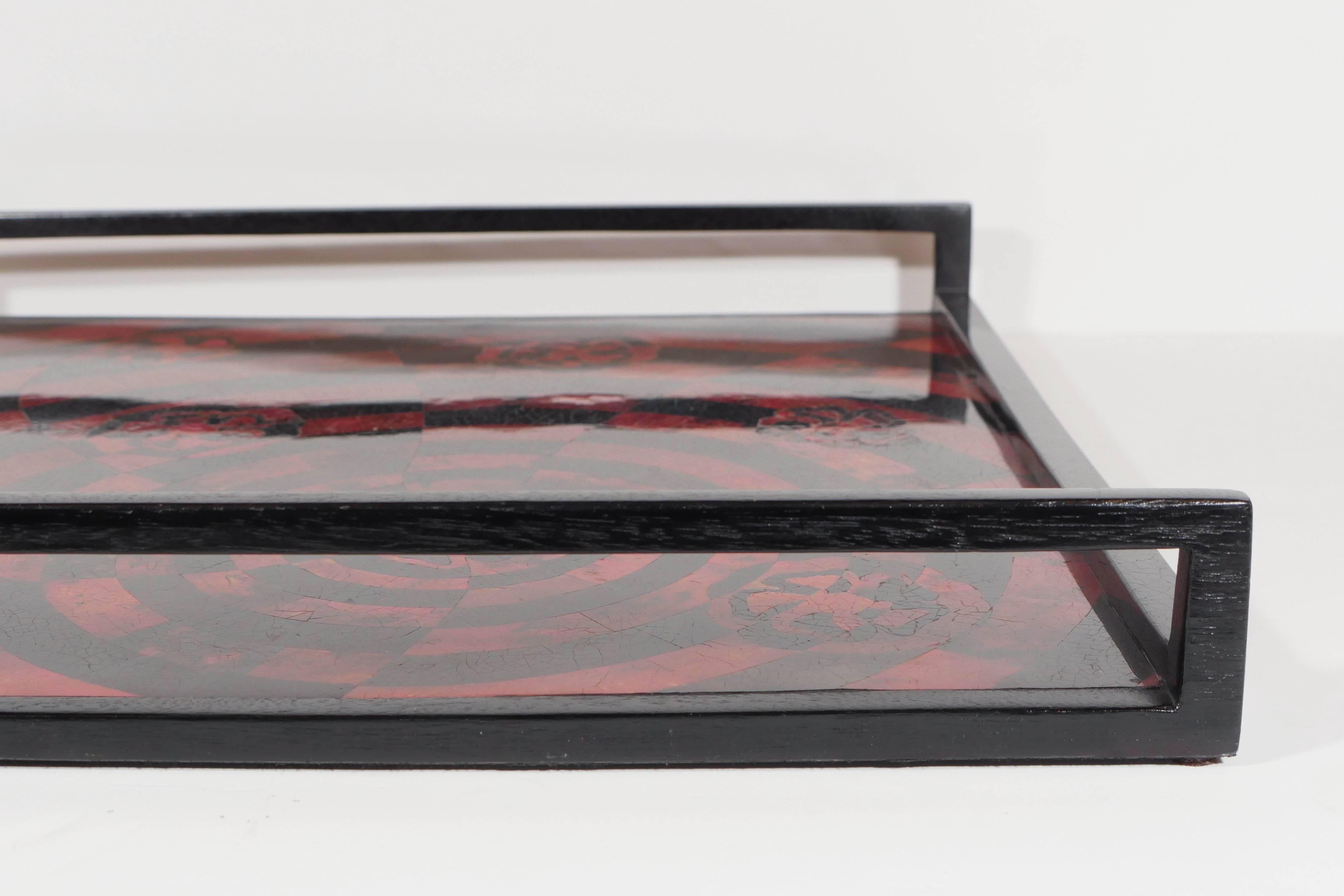R & Y Augousti Tray with Geometric Inlays of Red and Black Lacquered Pen Shell For Sale 1