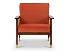 Moderner Natursessel aus Nussbaum, Samt, Rattan und Messing mit Details